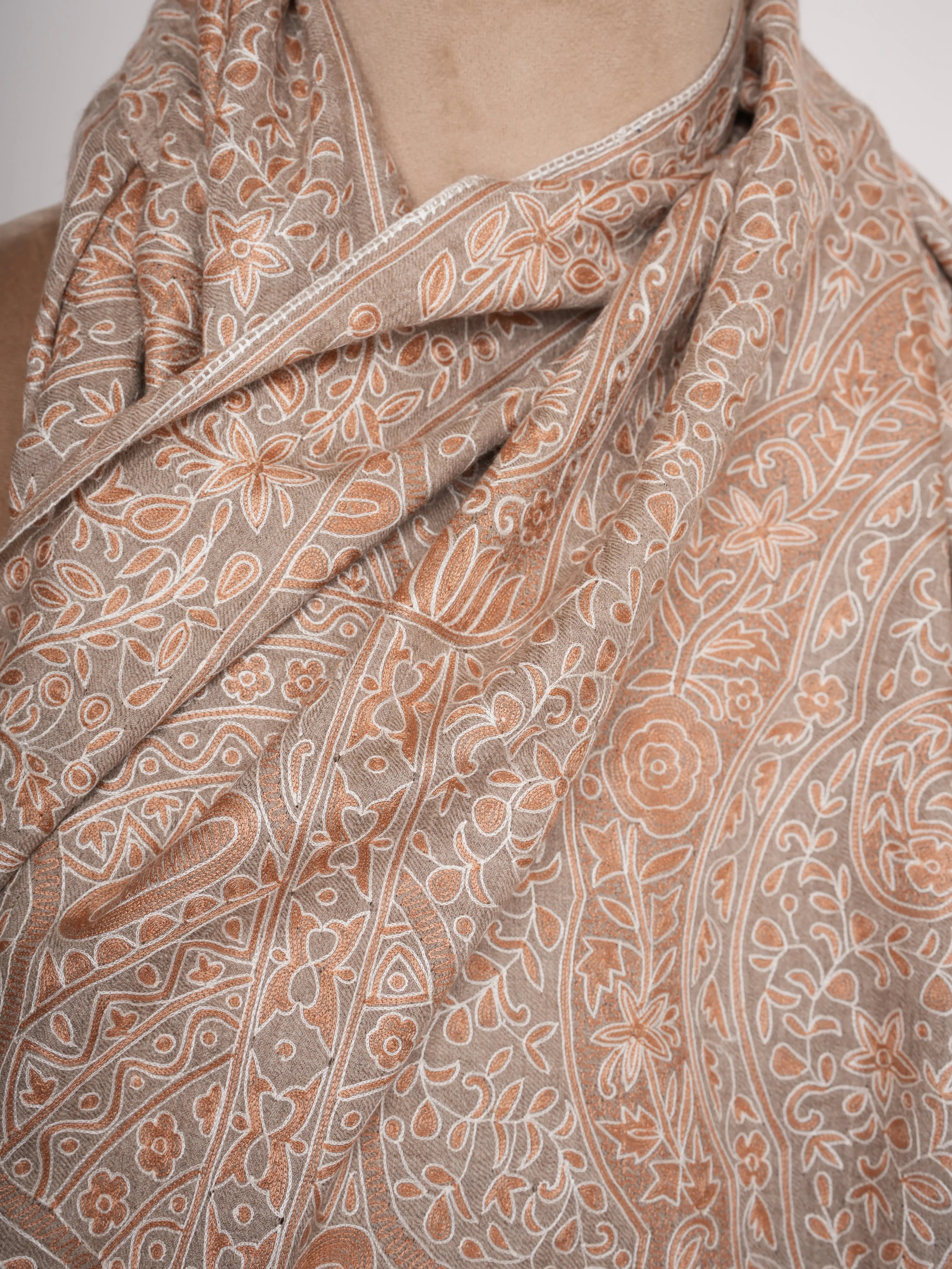 Natural Beige Pashmina Shawl with Hand Embroidered Kalamkari Work Shahkaar