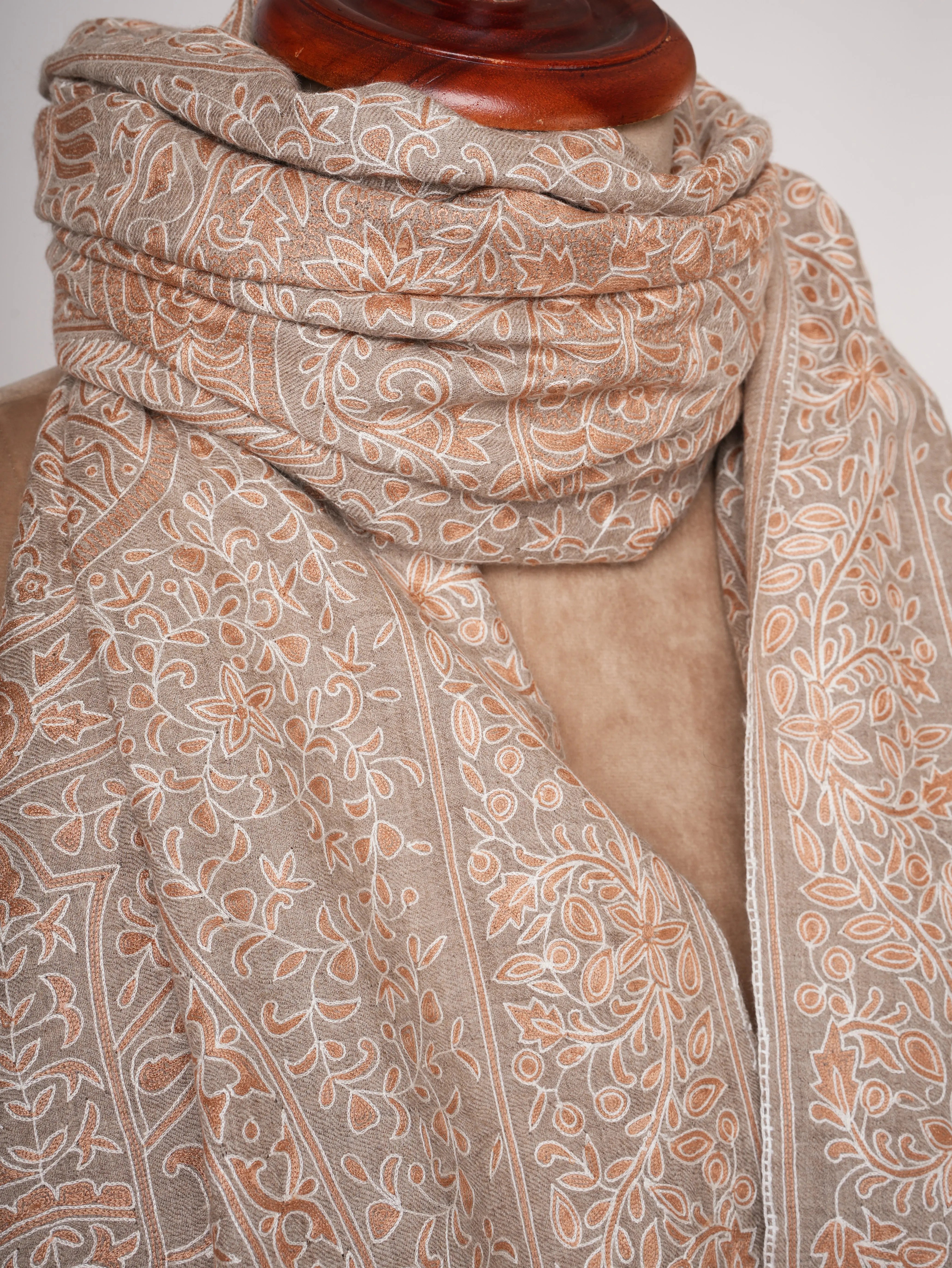 Natural Beige Pashmina Shawl with Hand Embroidered Kalamkari Work Shahkaar