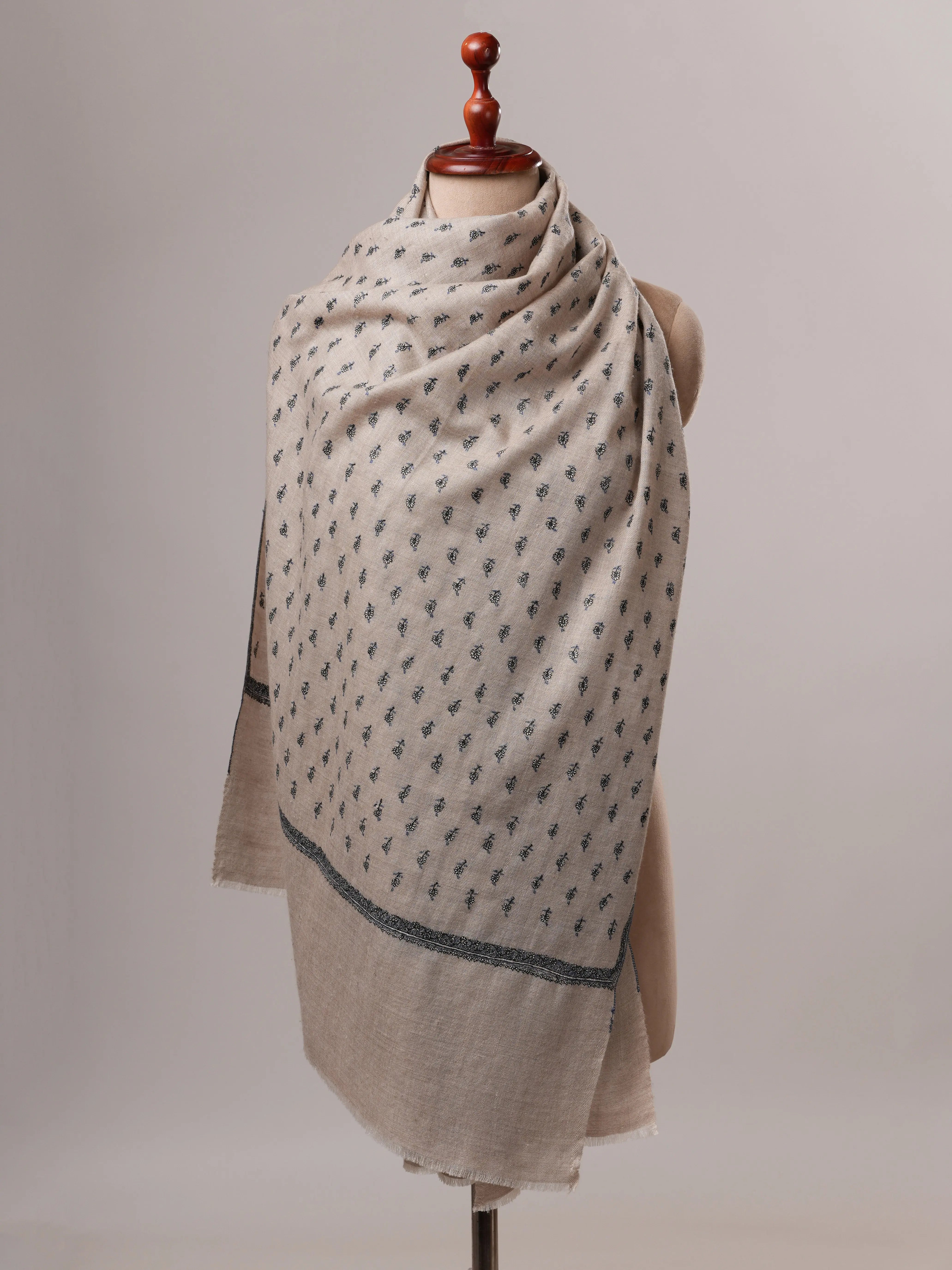 Natural Cashmere Scarf with All Over Machie Buteh Hand Embroidery Shahkaar