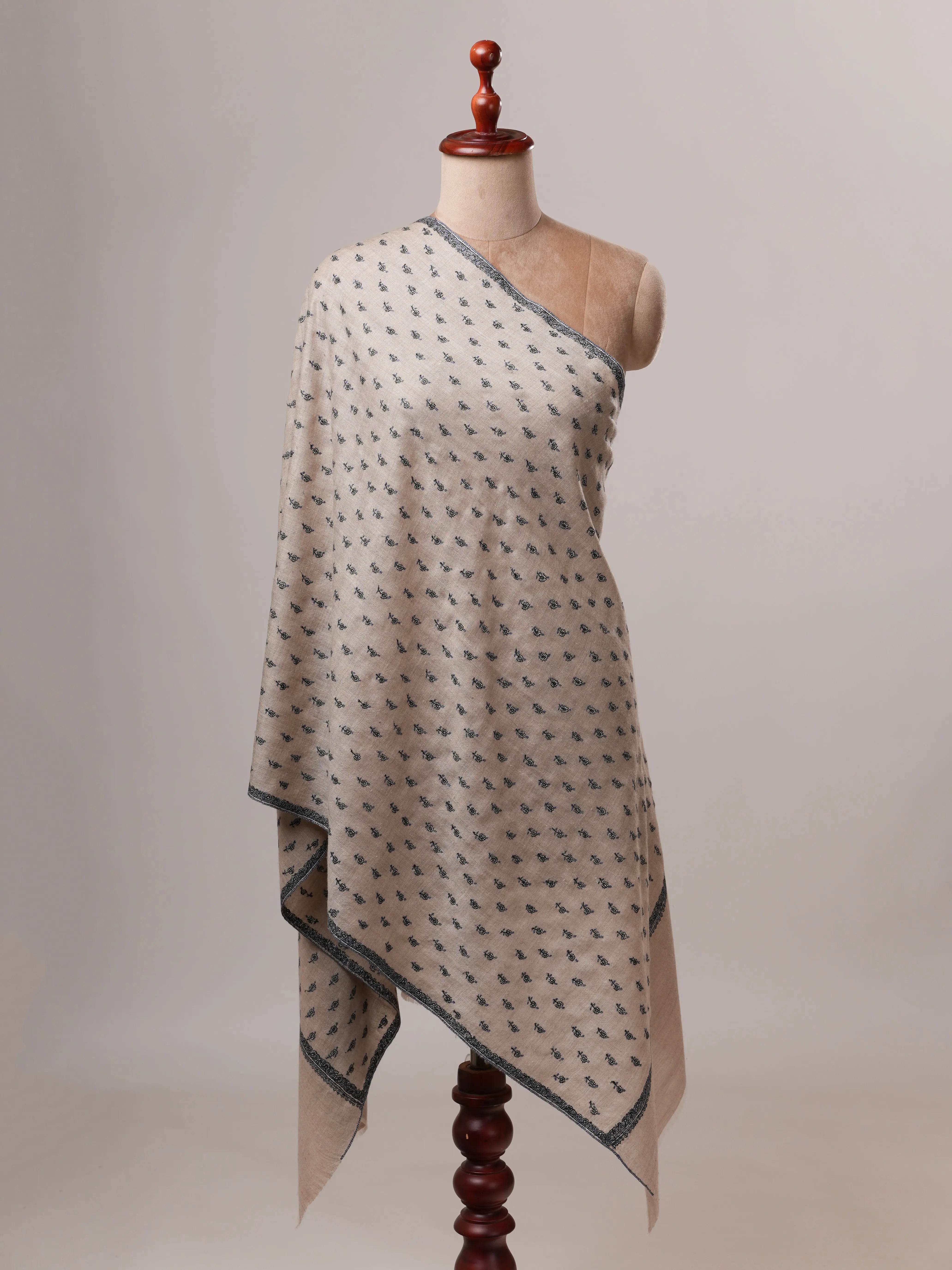 Natural Cashmere Scarf with All Over Machie Buteh Hand Embroidery Shahkaar