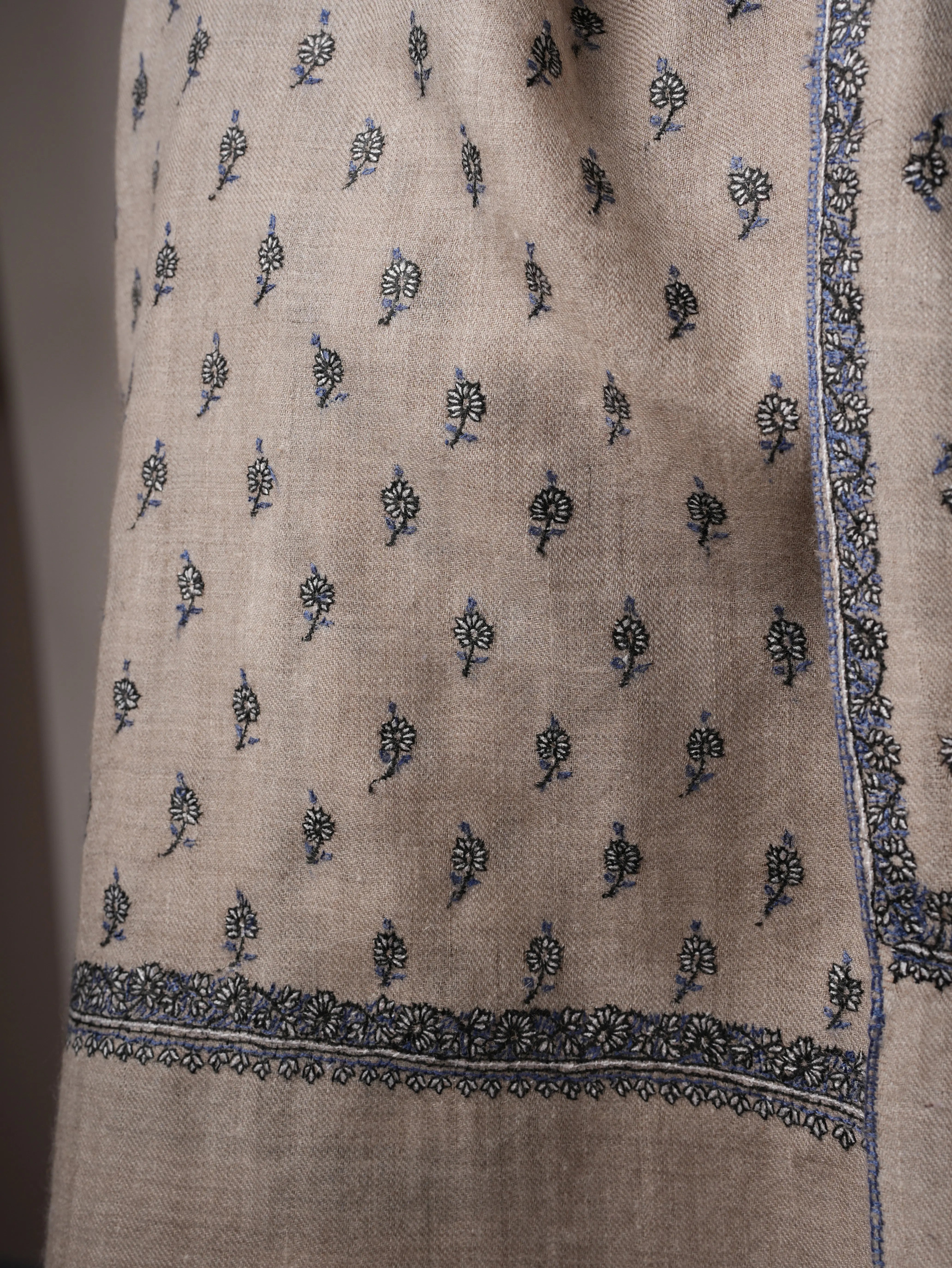 Natural Cashmere Scarf with All Over Machie Buteh Hand Embroidery Shahkaar