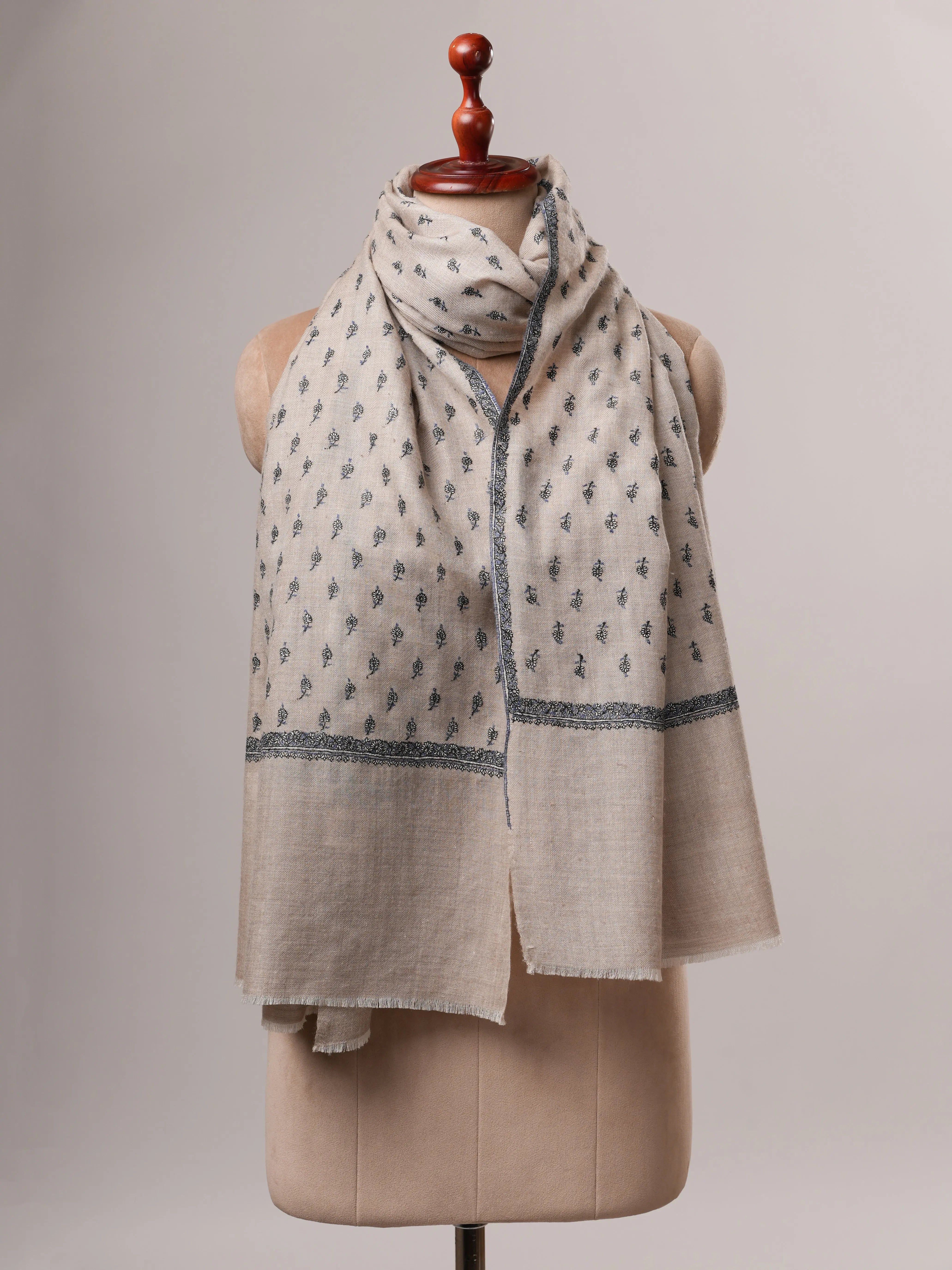 Natural Cashmere Scarf with All Over Machie Buteh Hand Embroidery Shahkaar