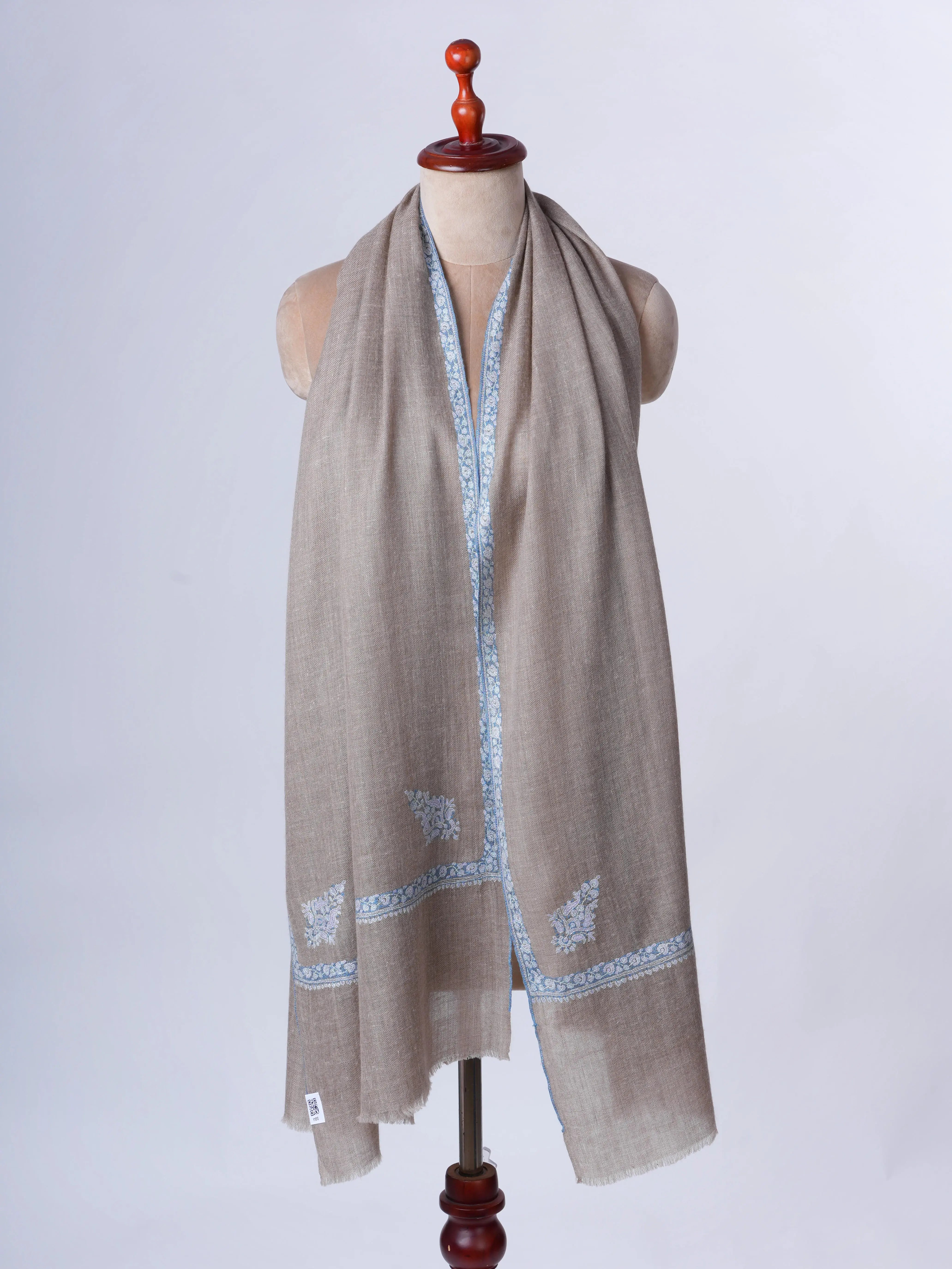 Natural Cashmere Scarf with Blue Hashia Embroidery Shahkaar