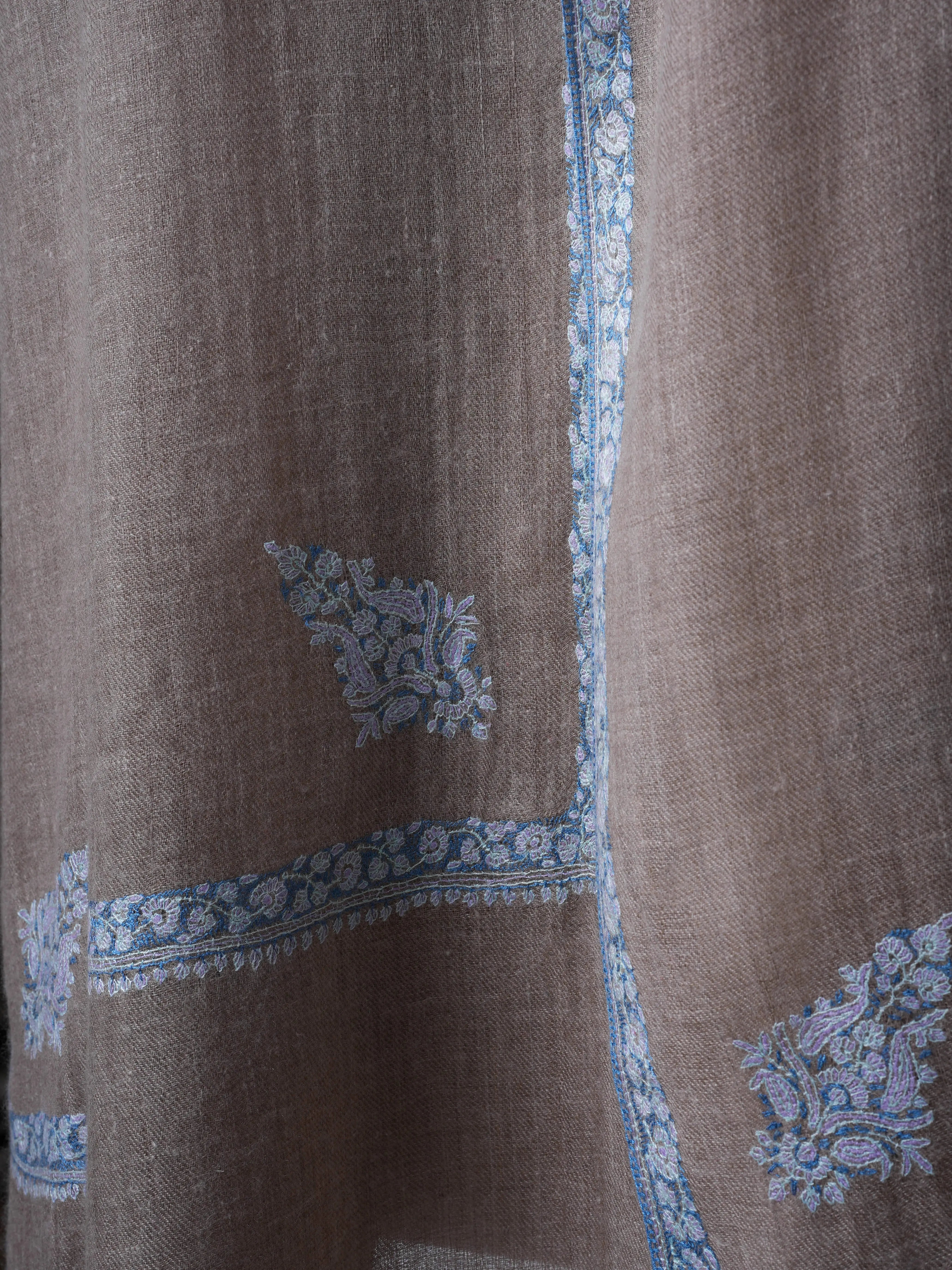 Natural Cashmere Scarf with Blue Hashia Embroidery Shahkaar