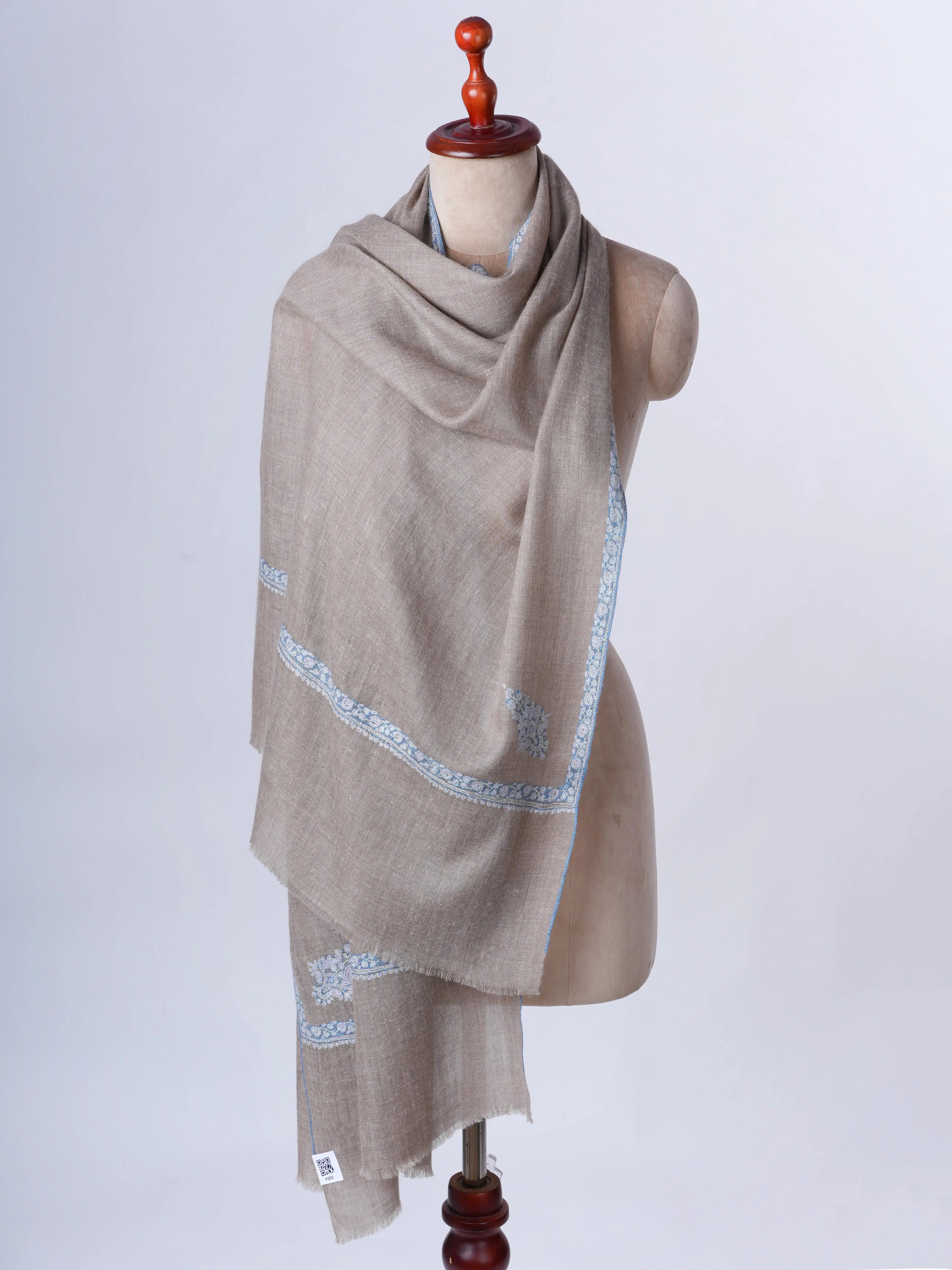 Natural Cashmere Scarf with Blue Hashia Embroidery Shahkaar
