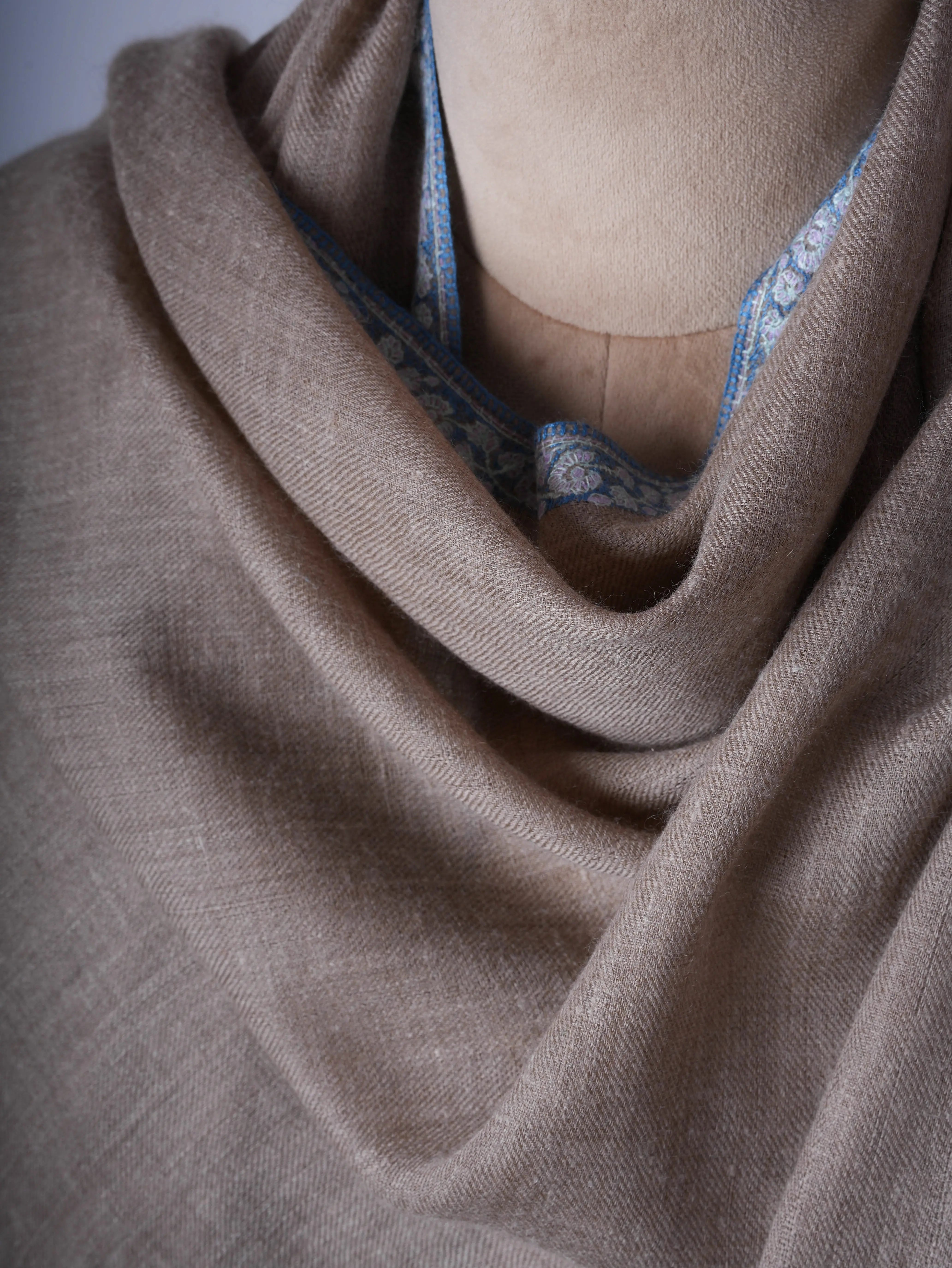 Natural Cashmere Scarf with Blue Hashia Embroidery Shahkaar