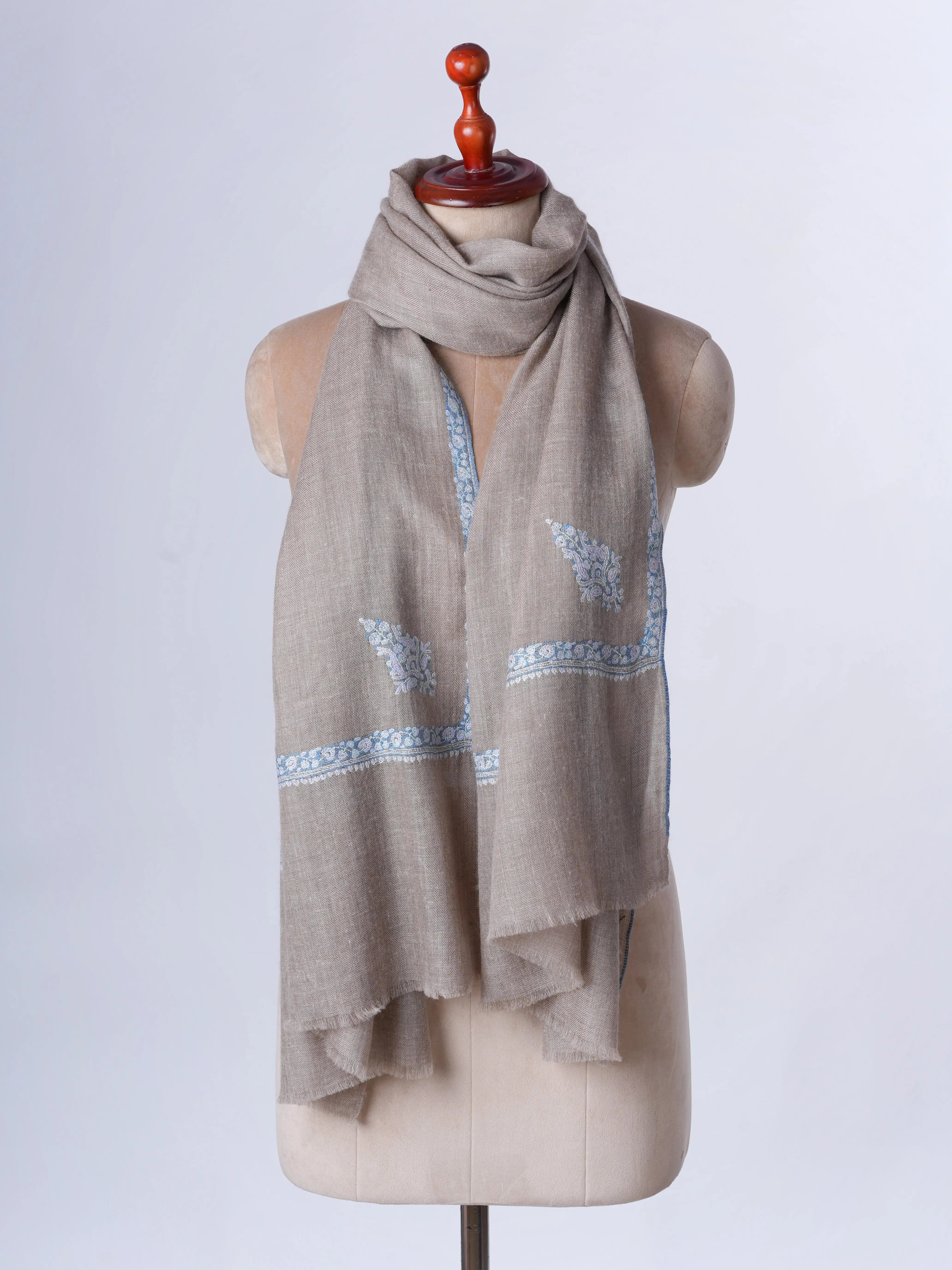 Natural Cashmere Scarf with Blue Hashia Embroidery Shahkaar