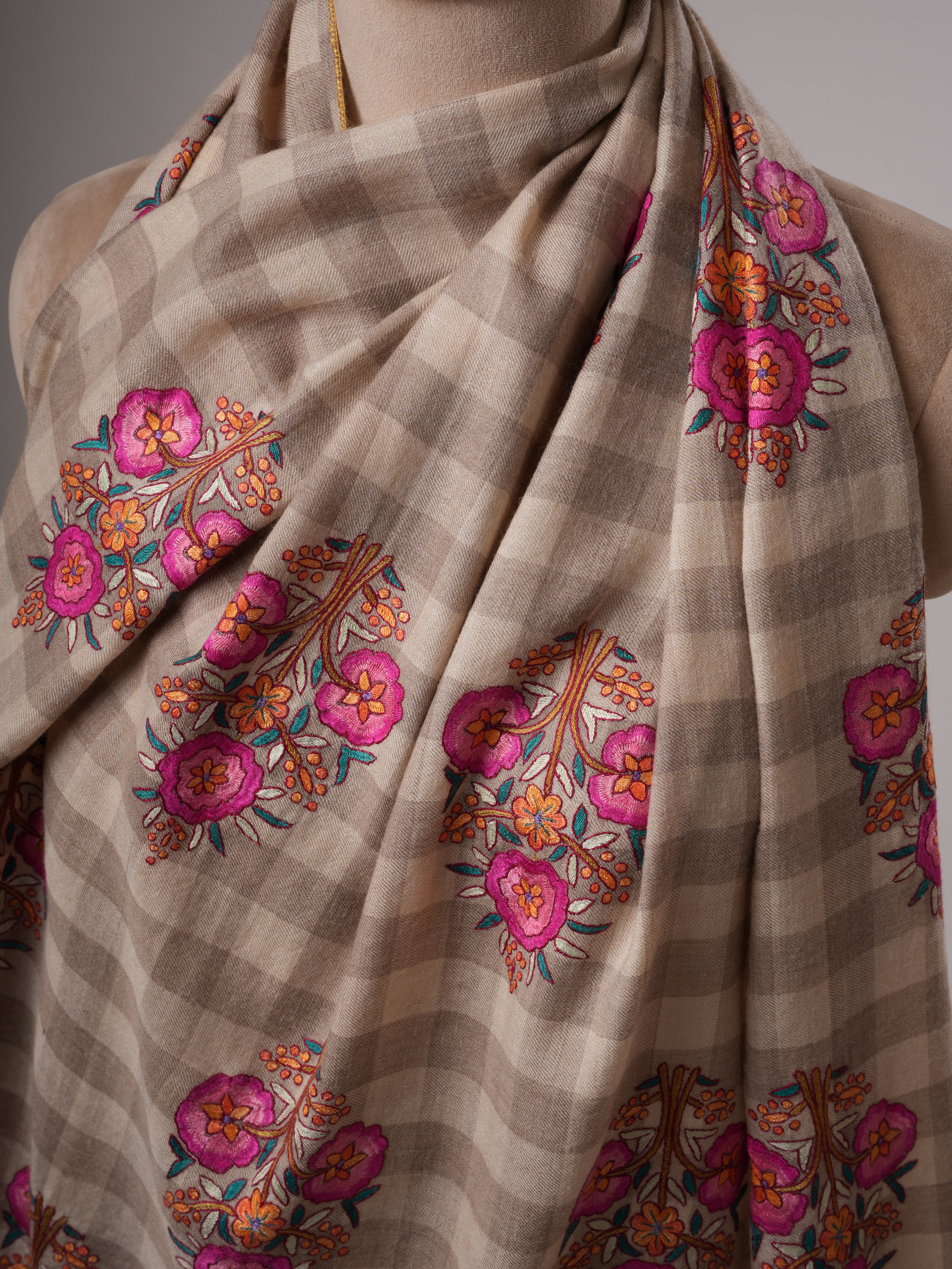 Natural Check Kashmiri Pashmina Shawl with Floral Papier Mache Embroidery Shahkaar