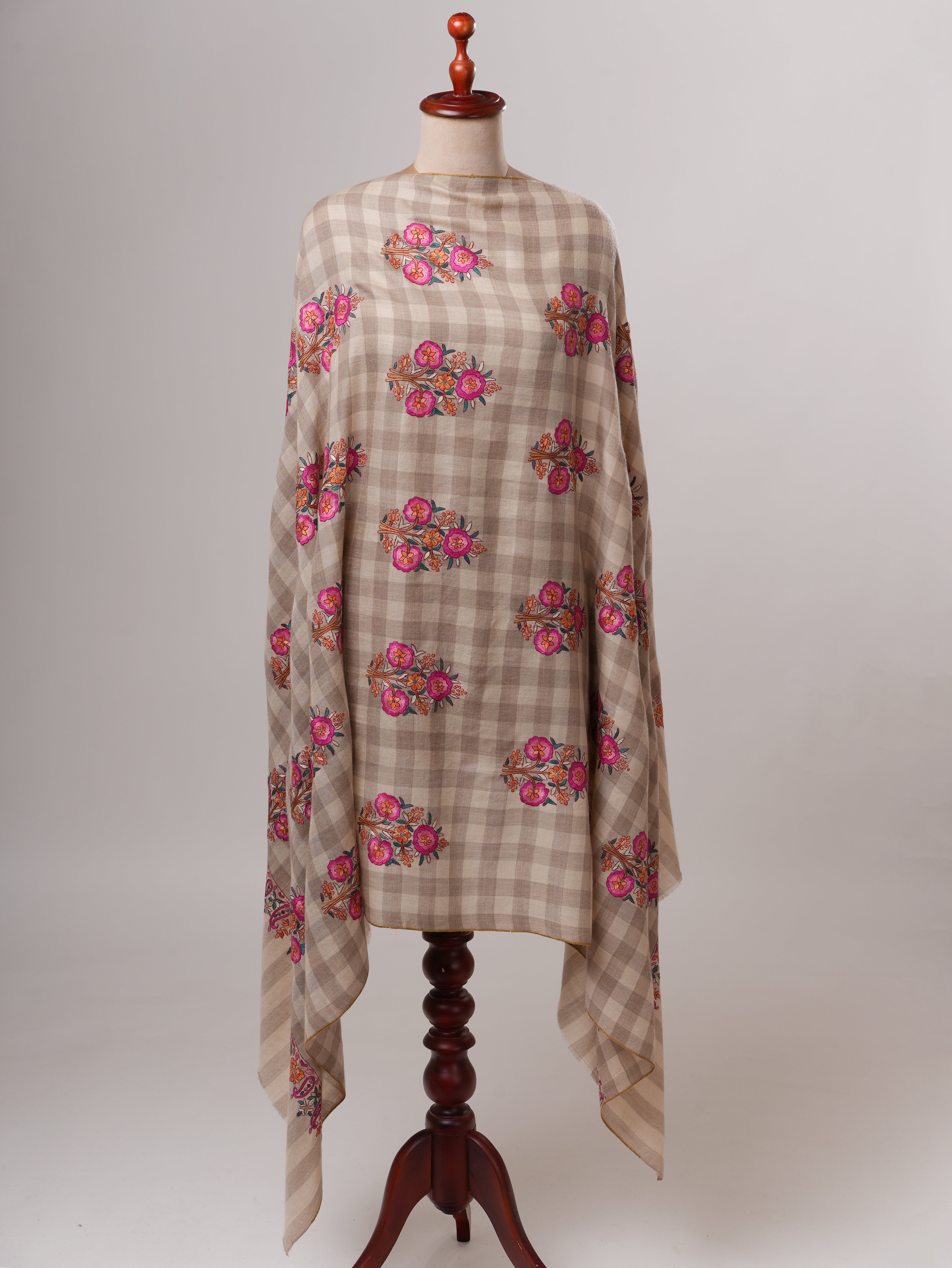 Natural Check Kashmiri Pashmina Shawl with Floral Papier Mache Embroidery Shahkaar