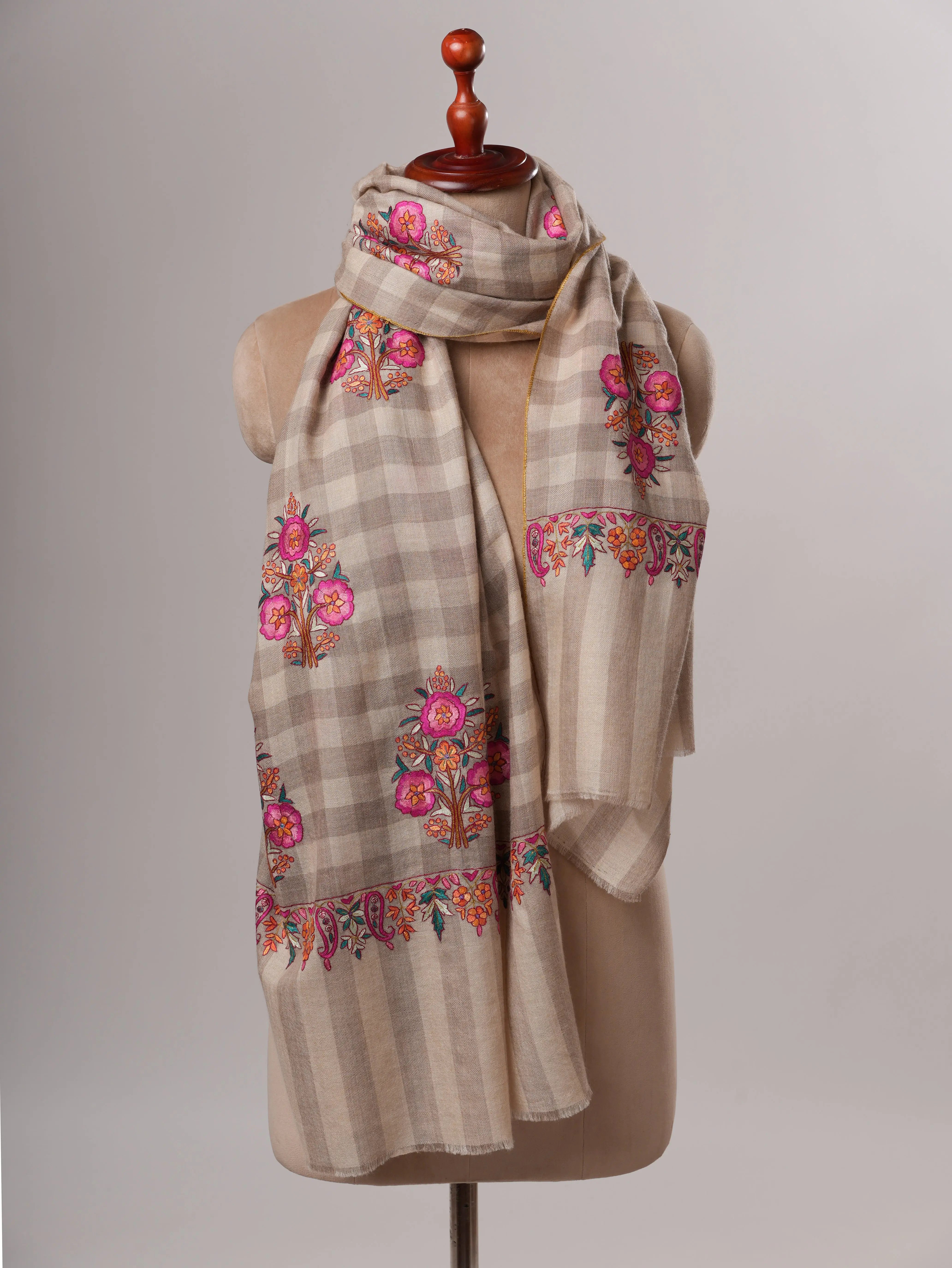 Natural Check Kashmiri Pashmina Shawl with Floral Papier Mache Embroidery Shahkaar