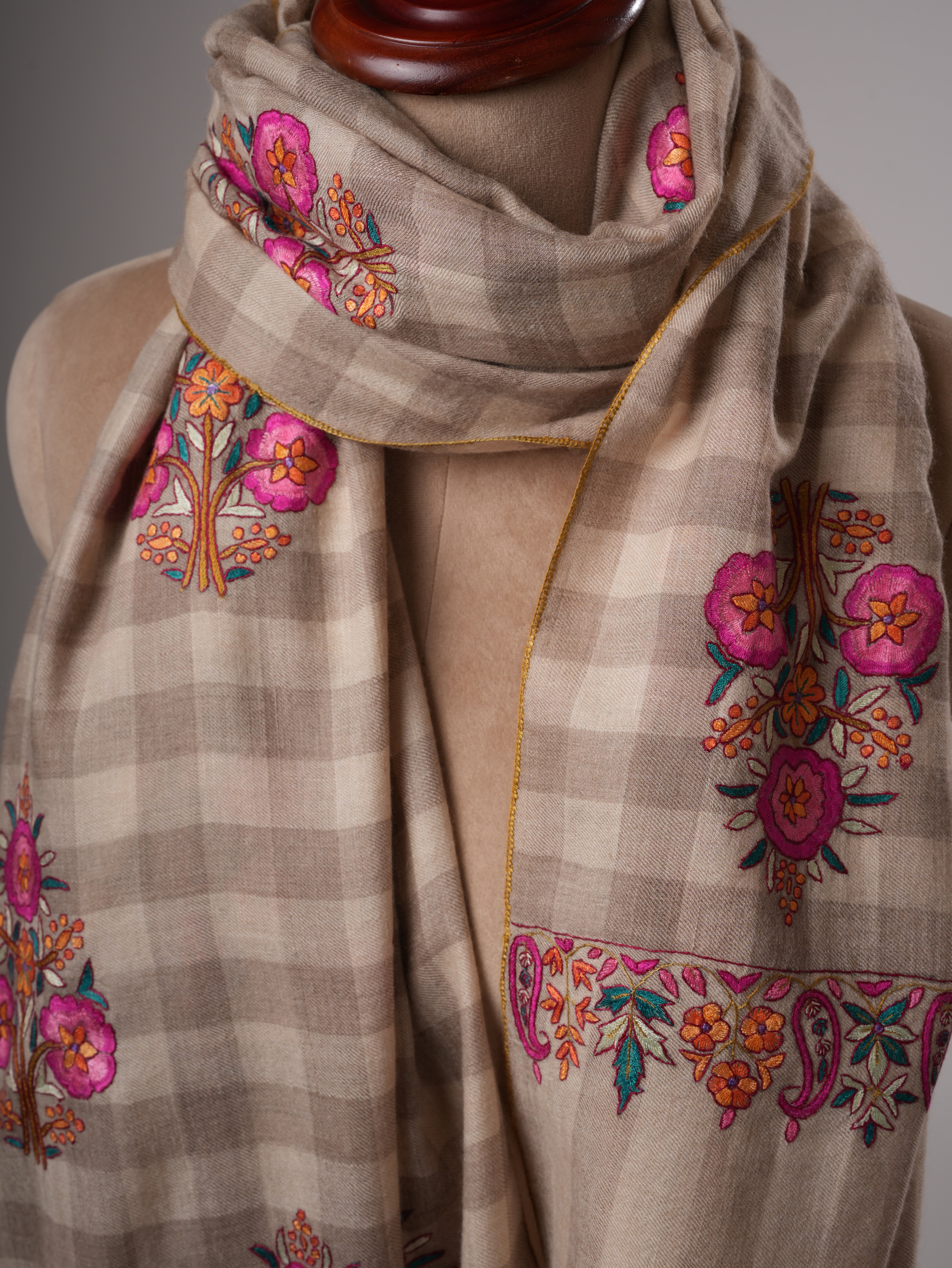 Natural Check Kashmiri Pashmina Shawl with Floral Papier Mache Embroidery Shahkaar