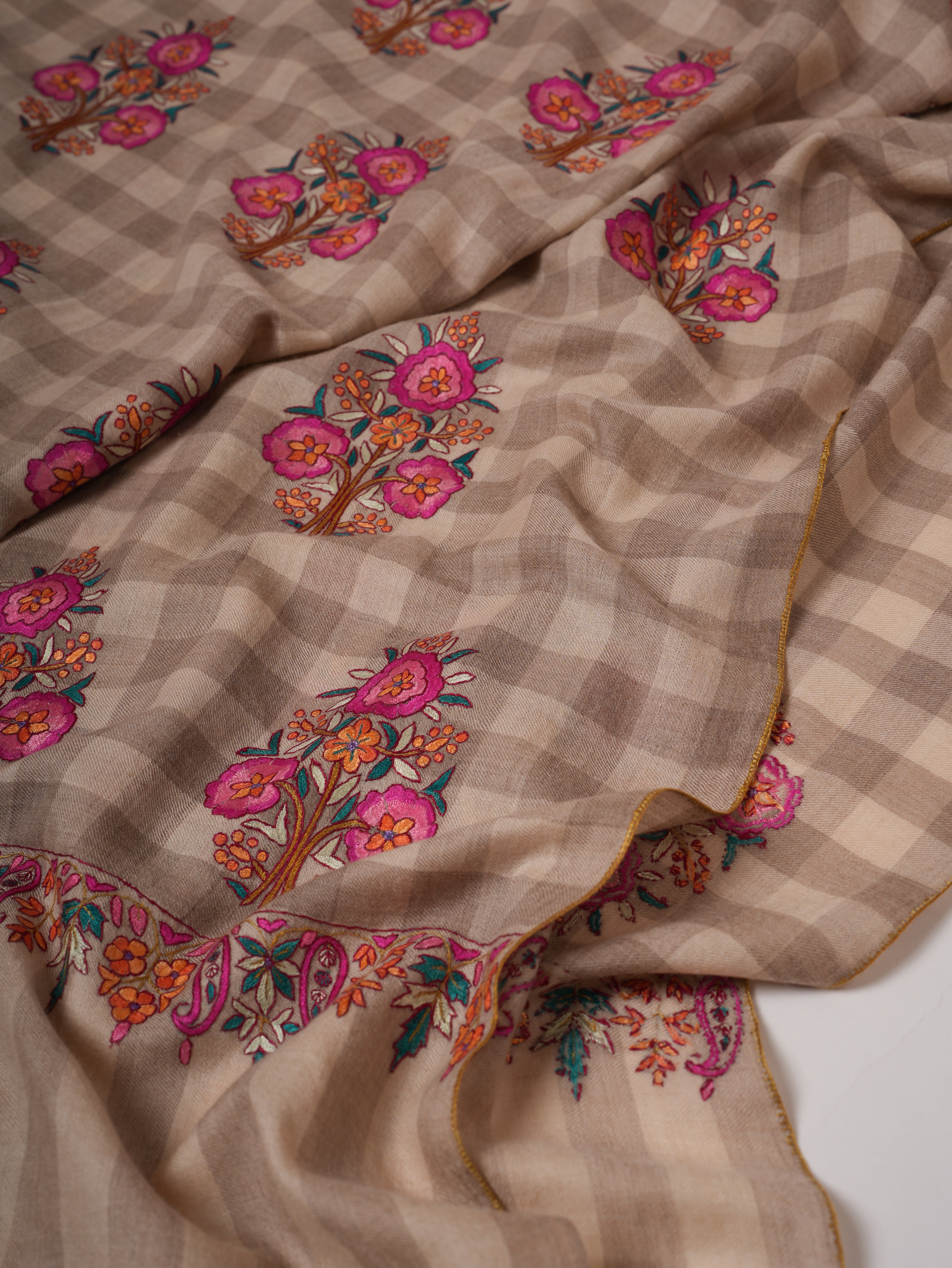 Natural Check Kashmiri Pashmina Shawl with Floral Papier Mache Embroidery Shahkaar