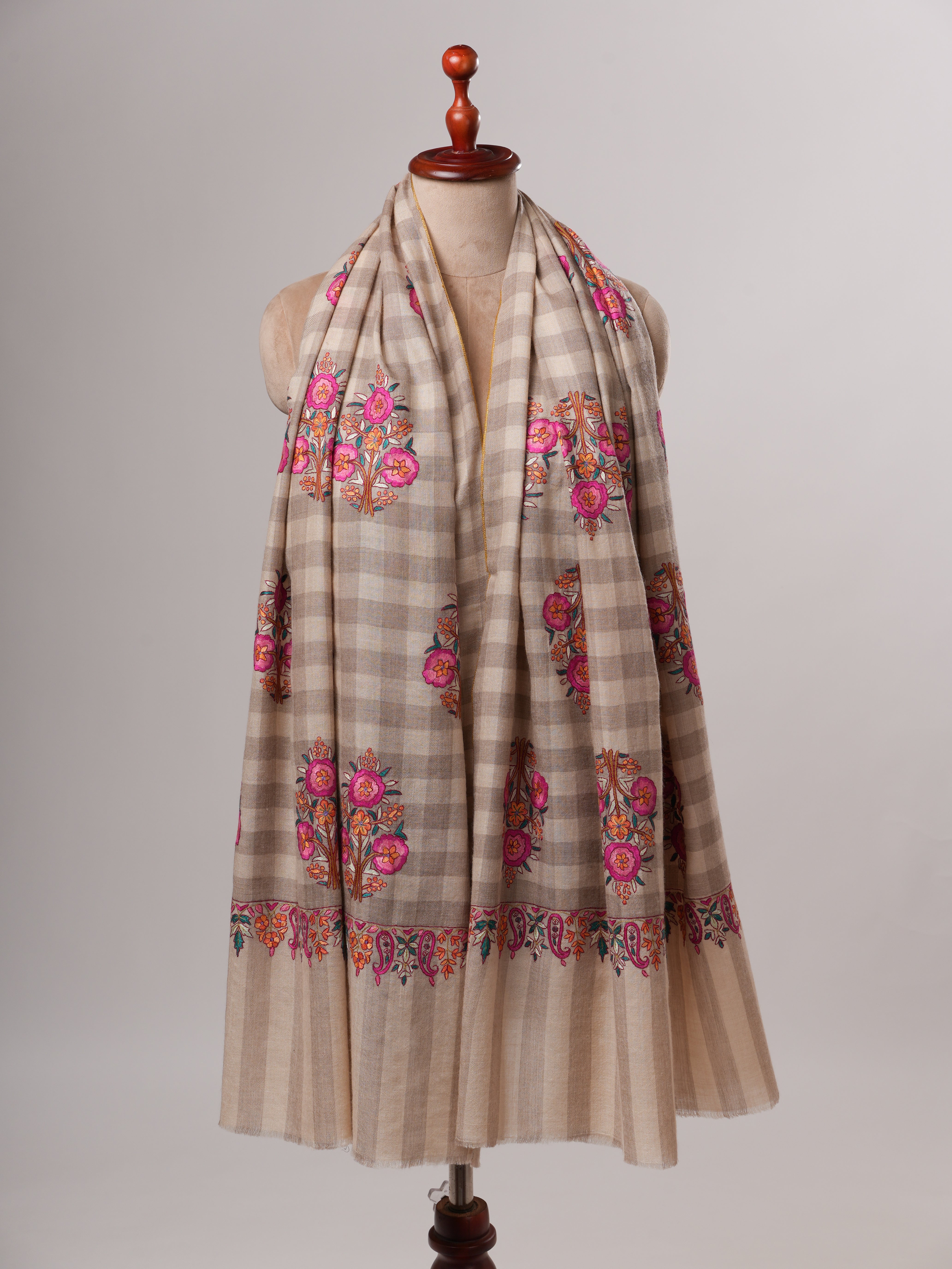 Natural Check Kashmiri Pashmina Shawl with Floral Papier Mache Embroidery Shahkaar