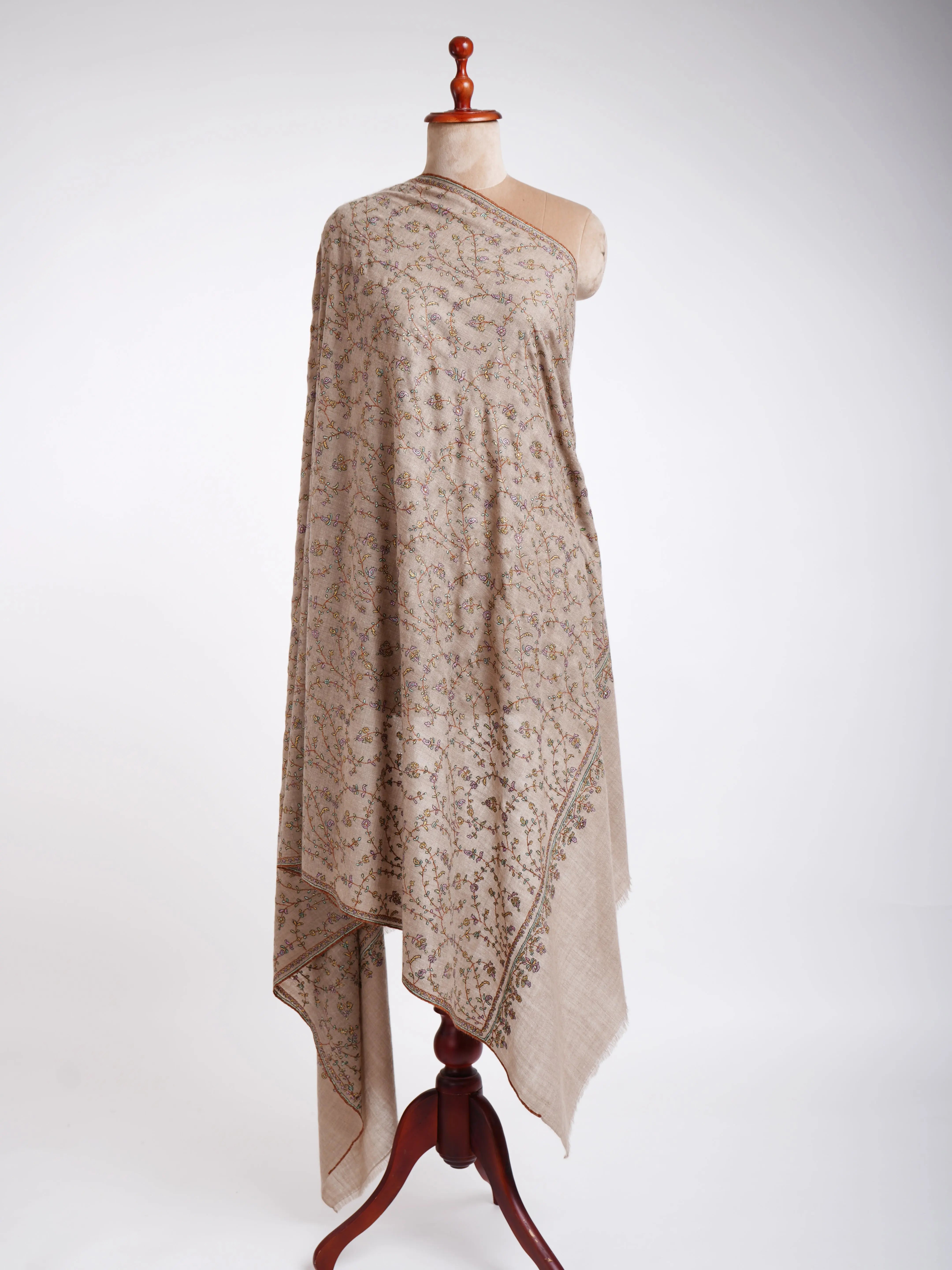Natural Embroidered Kashmiri Pashmina Shawl Shahkaar