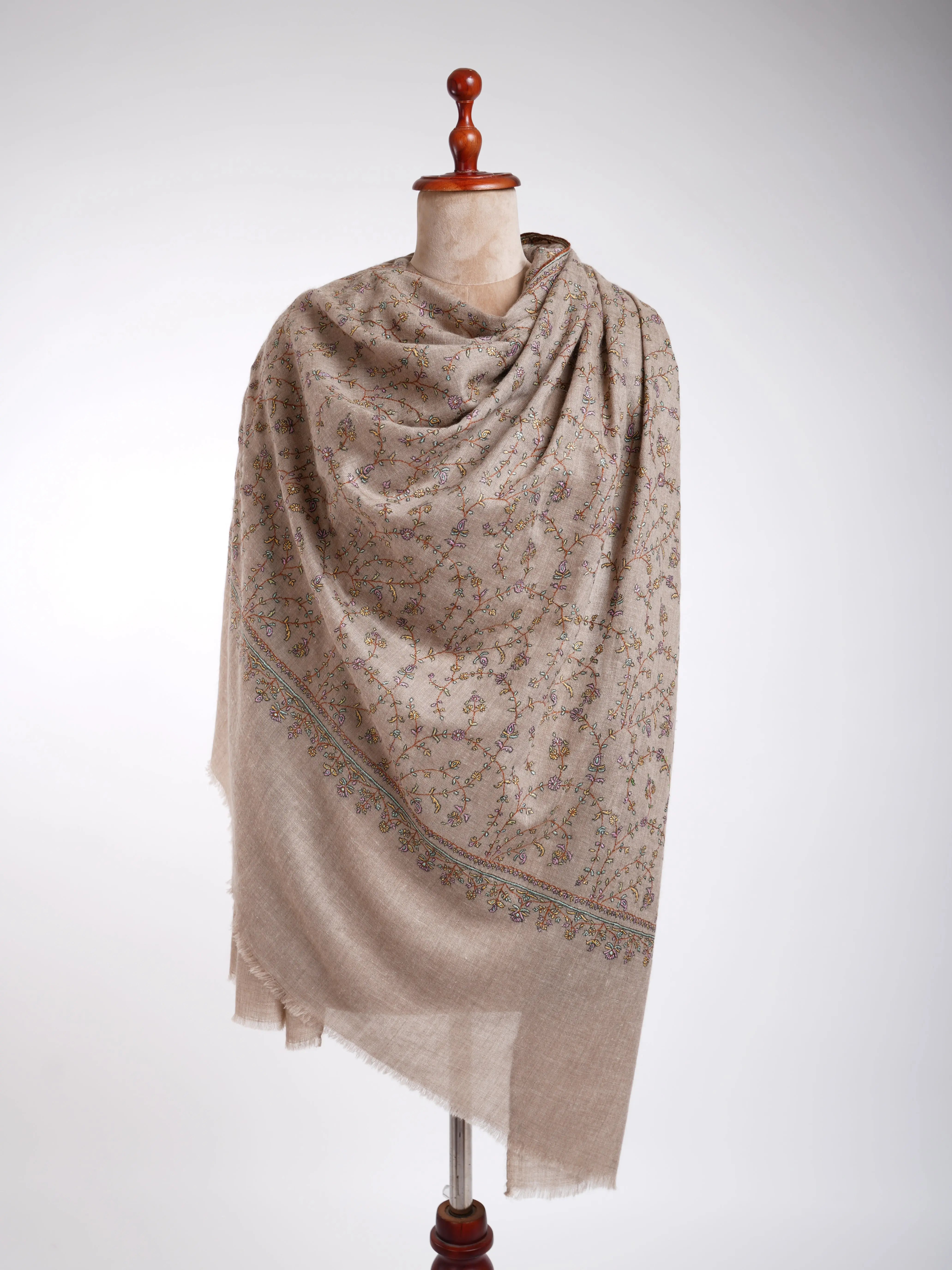 Natural Embroidered Kashmiri Pashmina Shawl Shahkaar
