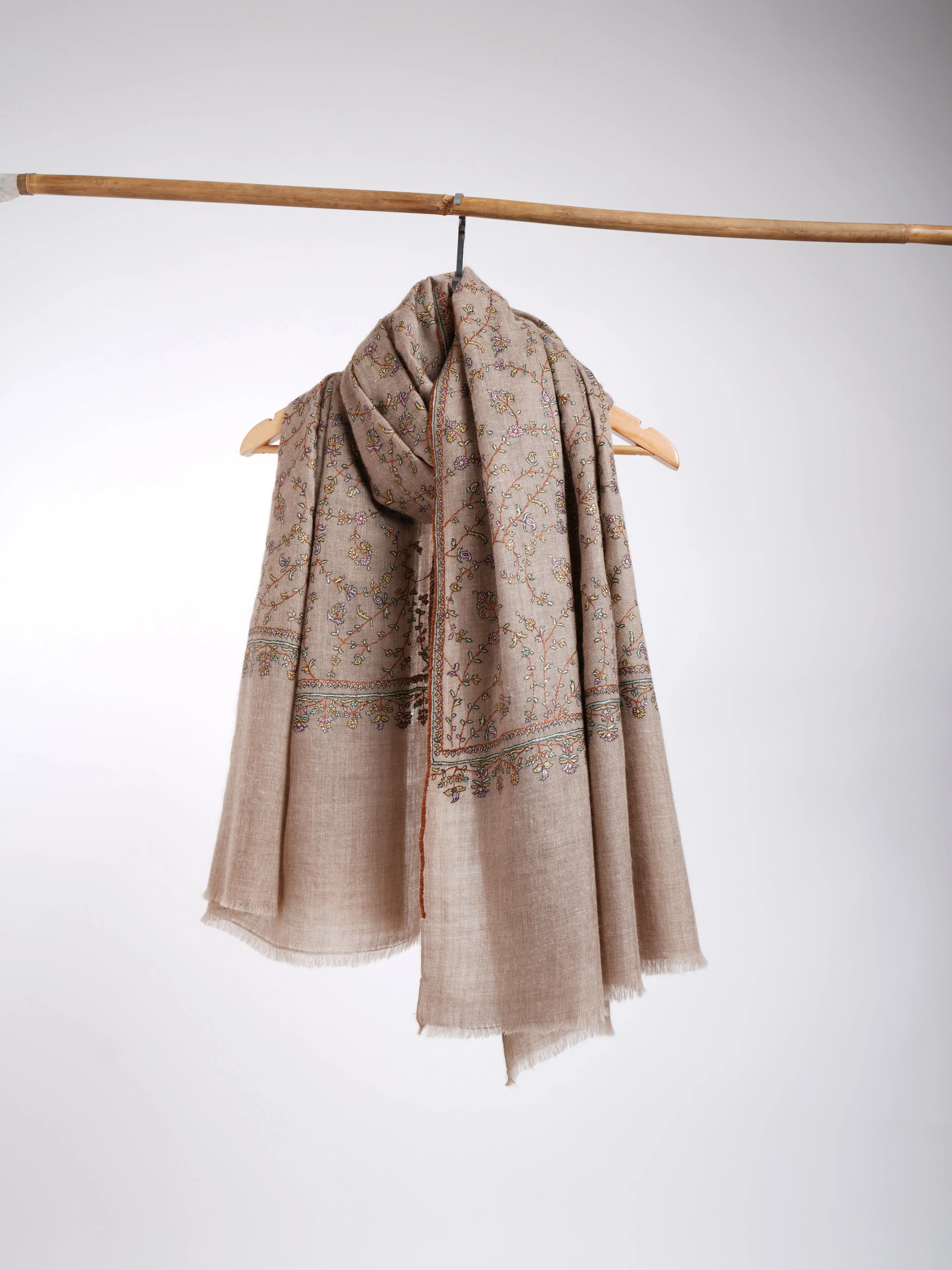Natural Embroidered Kashmiri Pashmina Shawl Shahkaar