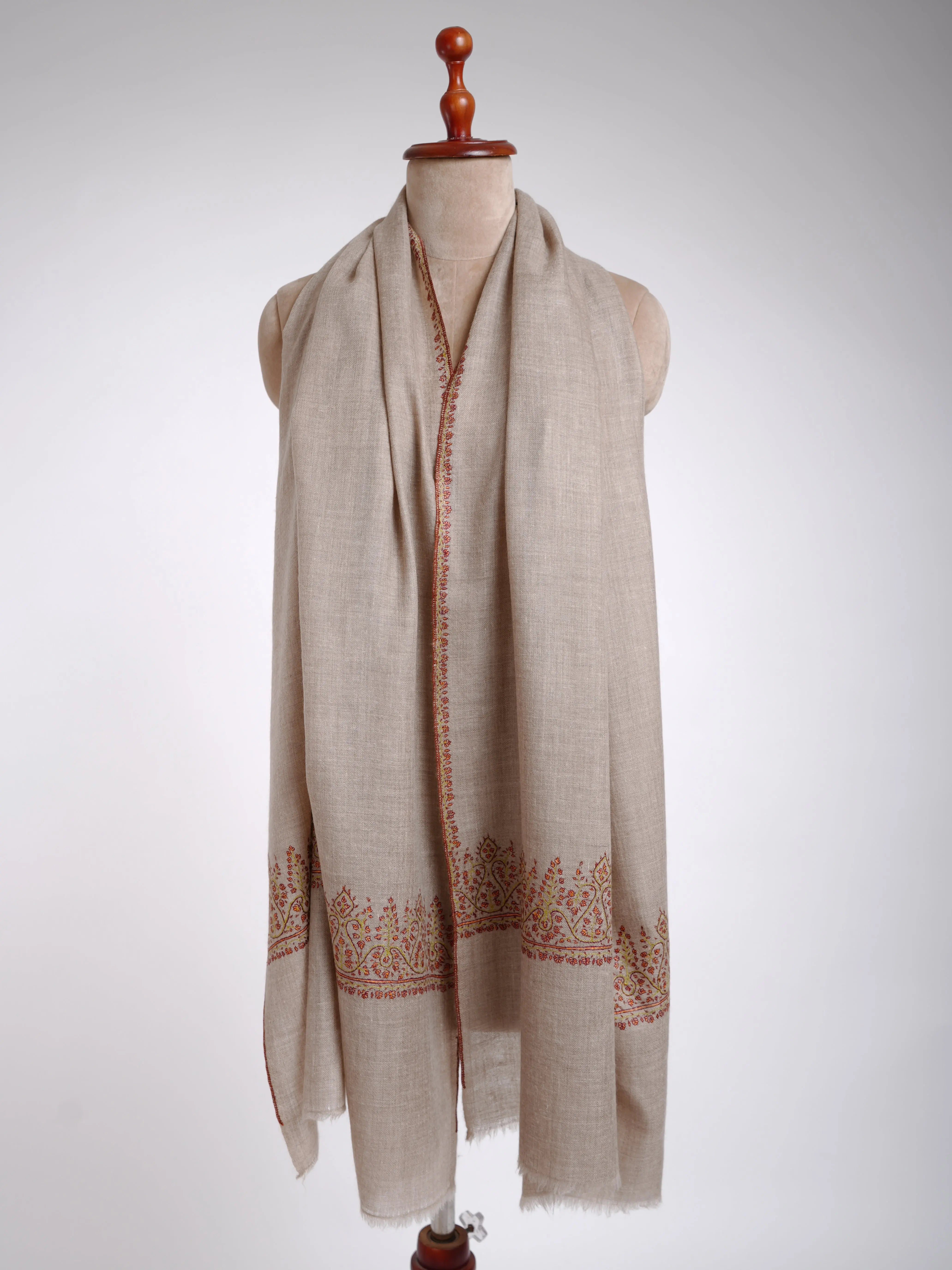 Natural Gray Hand Sozni Embroidery Featherlight Cashmere Stole Shahkaar