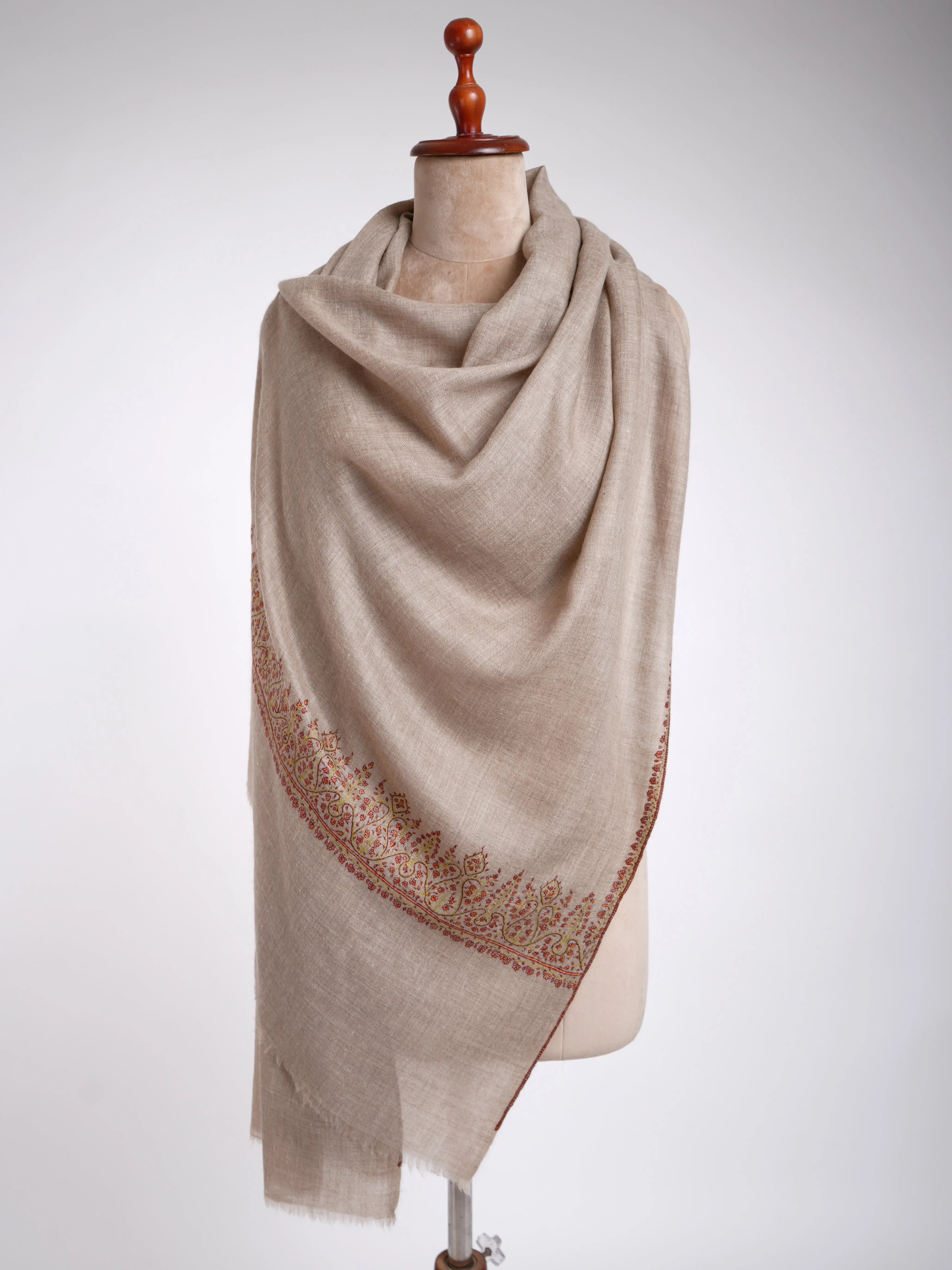 Natural Gray Hand Sozni Embroidery Featherlight Cashmere Stole Shahkaar