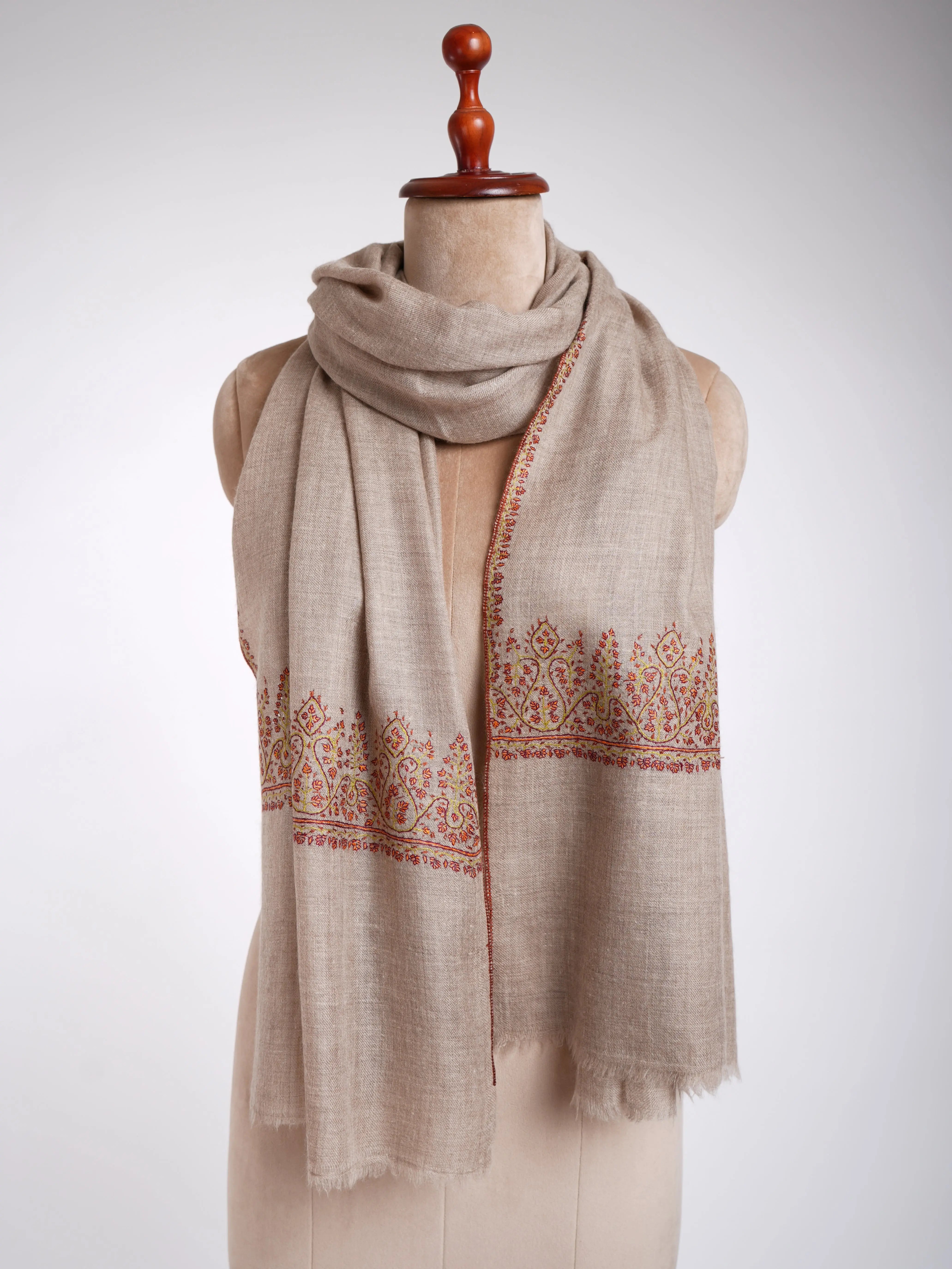 Natural Gray Hand Sozni Embroidery Featherlight Cashmere Stole Shahkaar