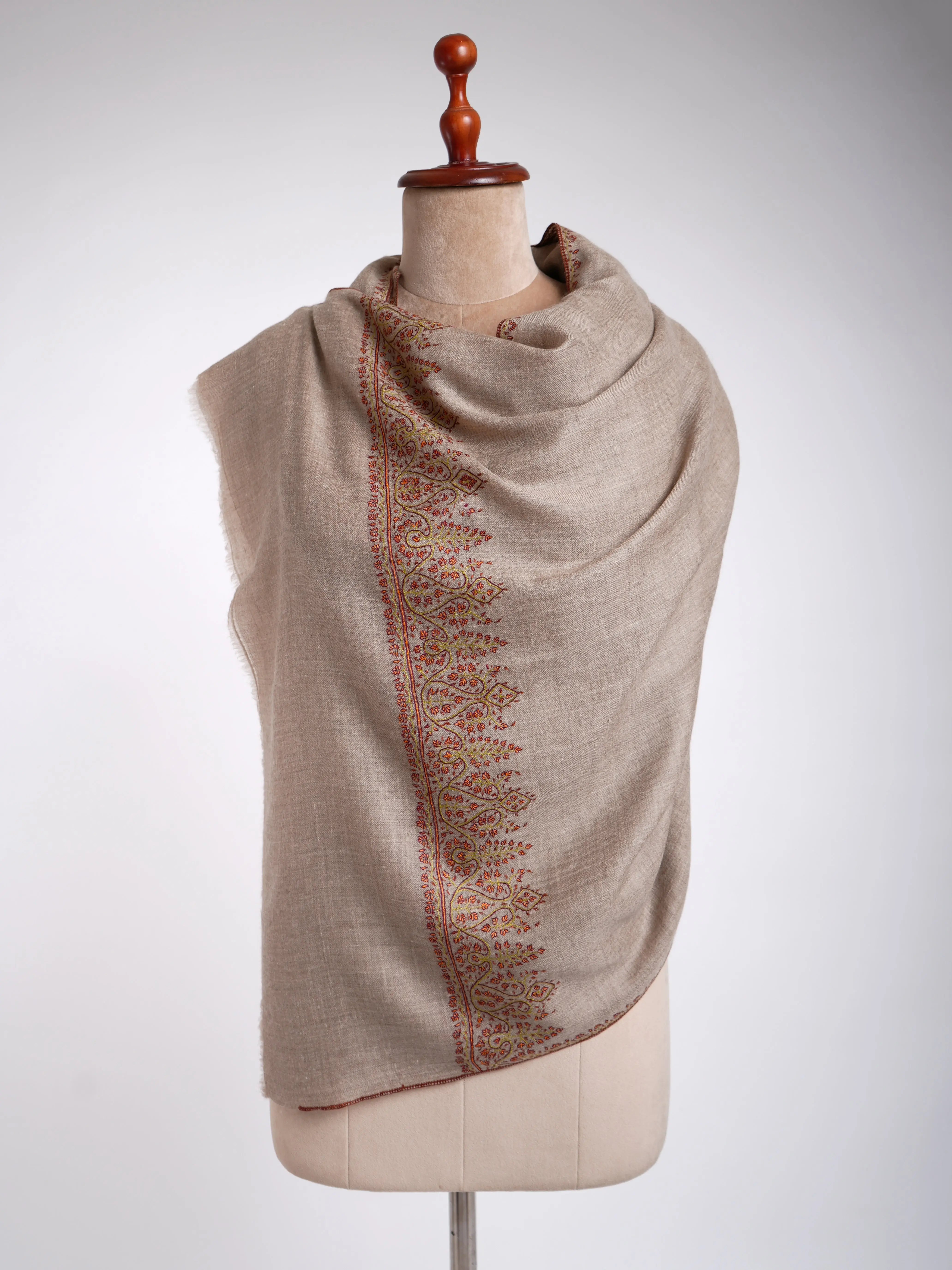 Natural Gray Hand Sozni Embroidery Featherlight Cashmere Stole Shahkaar
