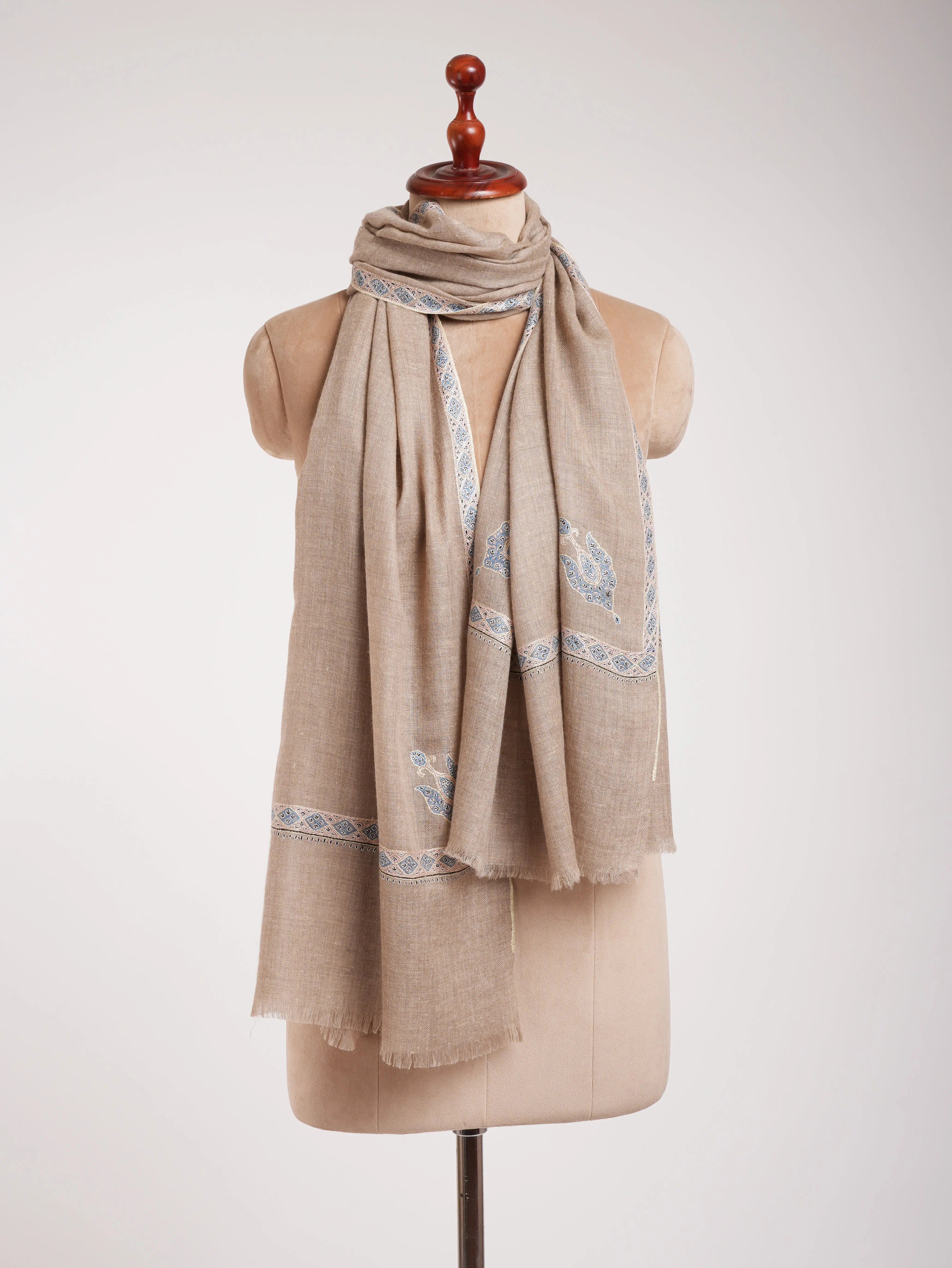 Natural Gray Indian Cashmere Embroidered Scarf Shahkaar
