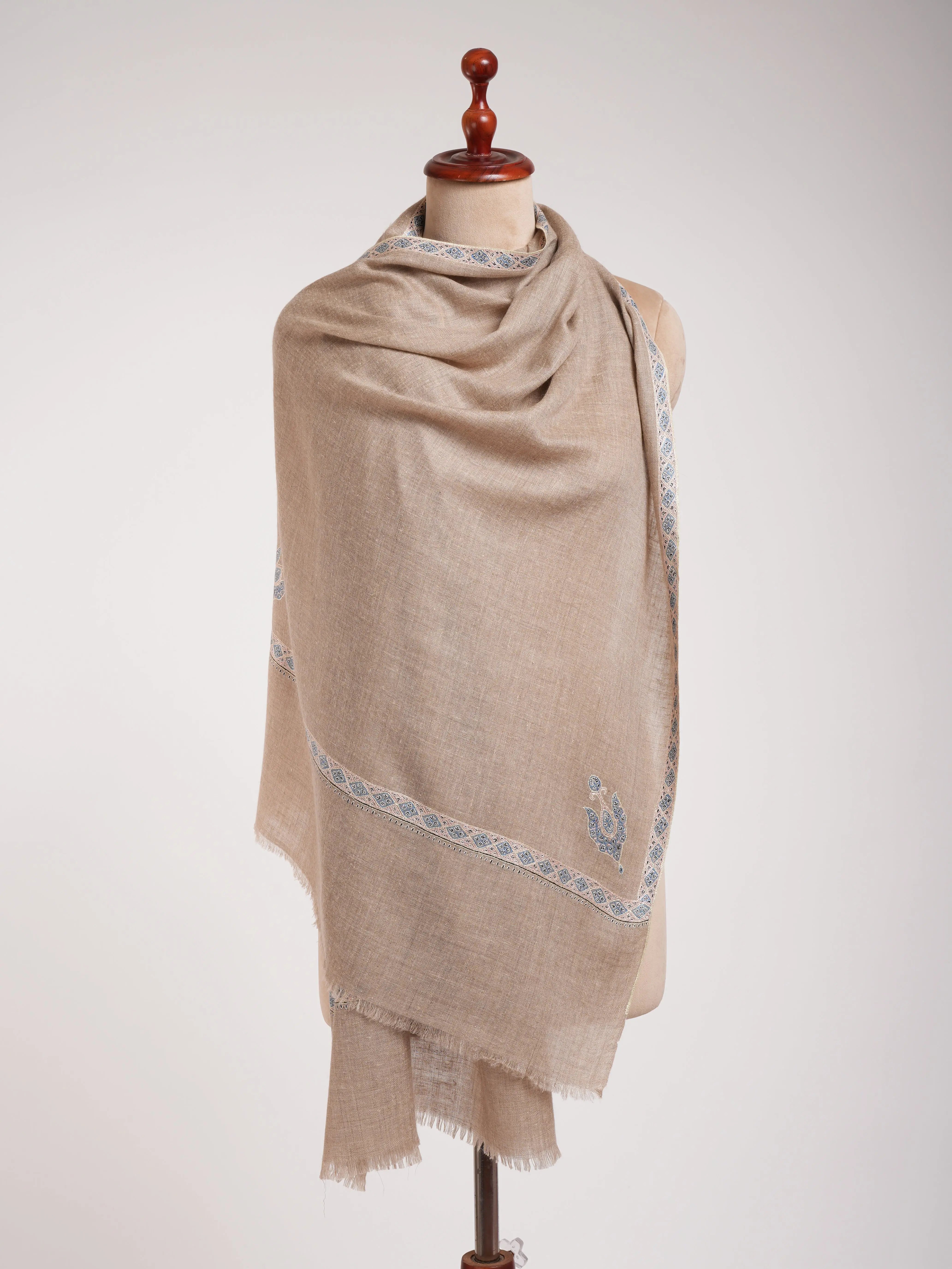 Natural Gray Indian Cashmere Embroidered Scarf Shahkaar