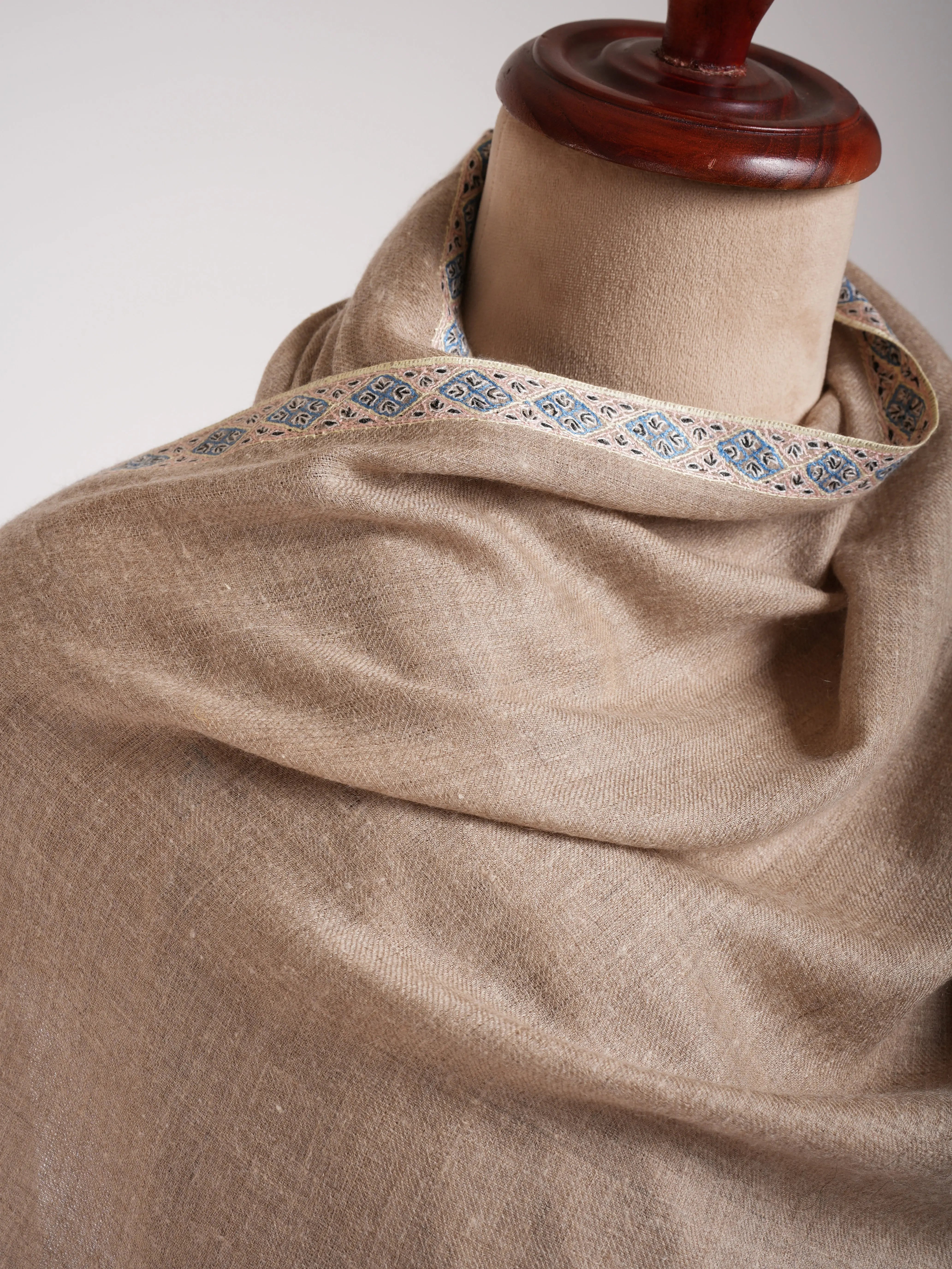 Natural Gray Indian Cashmere Embroidered Scarf Shahkaar