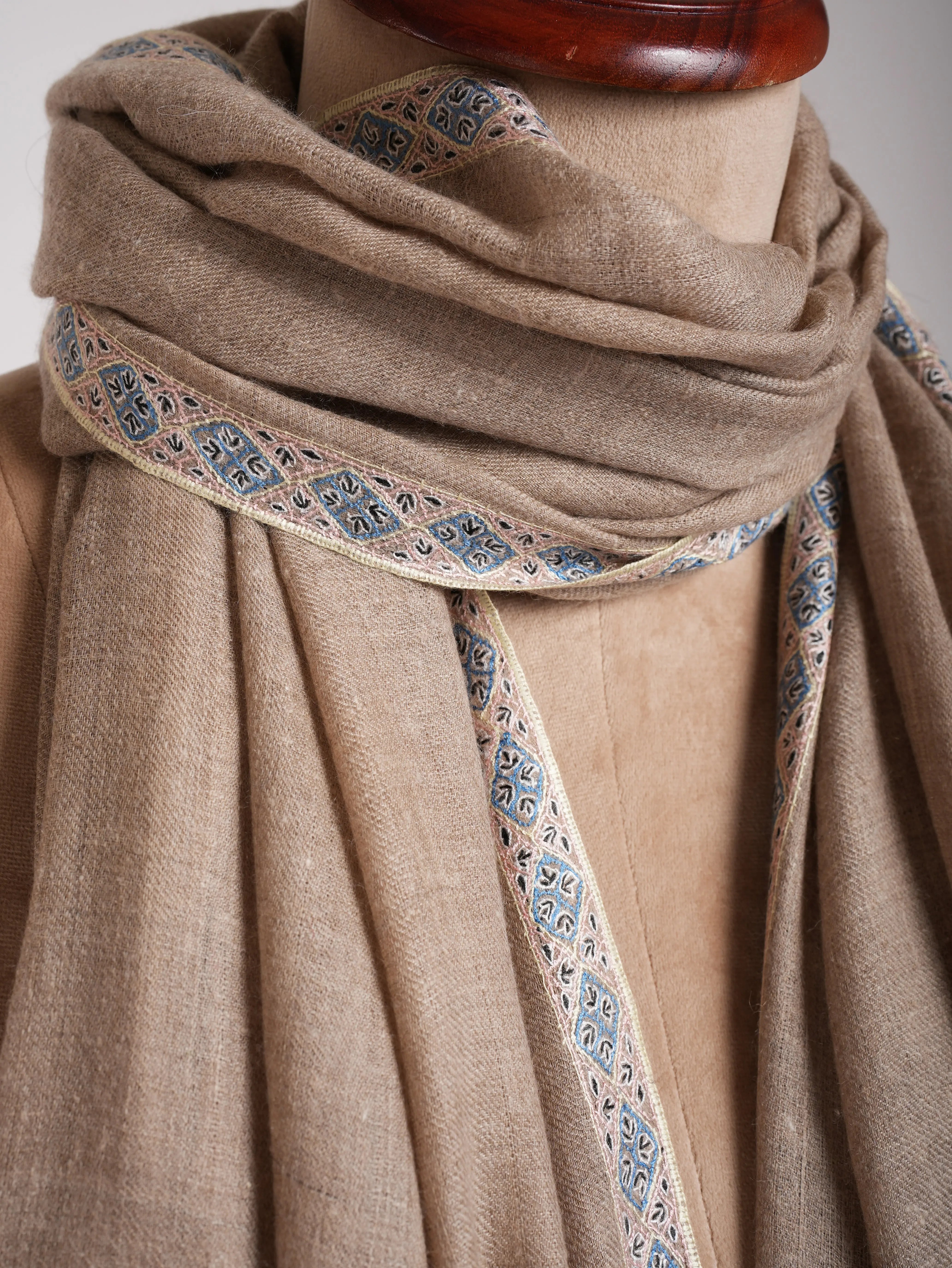 Natural Gray Indian Cashmere Embroidered Scarf Shahkaar