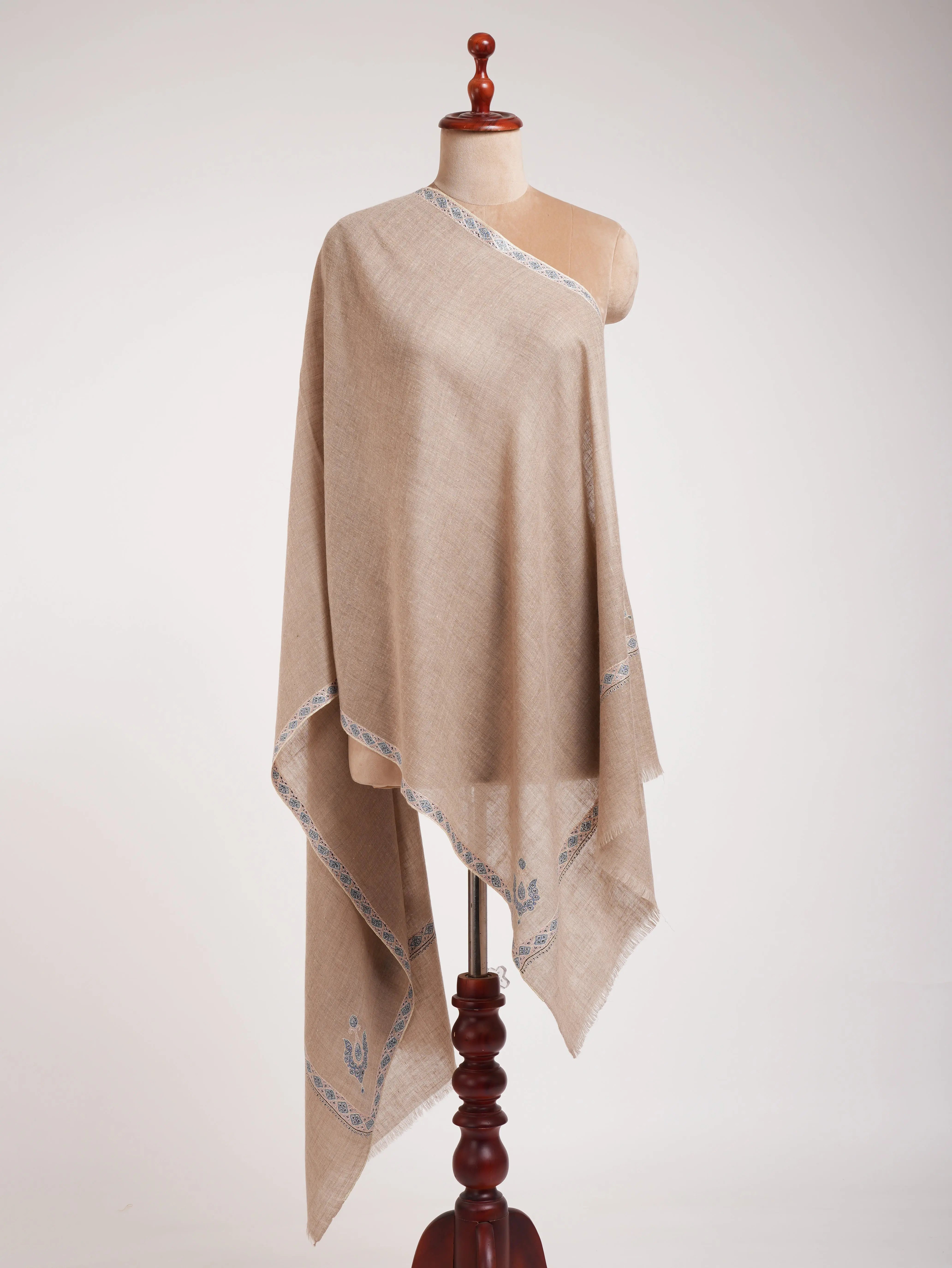 Natural Gray Indian Cashmere Embroidered Scarf Shahkaar