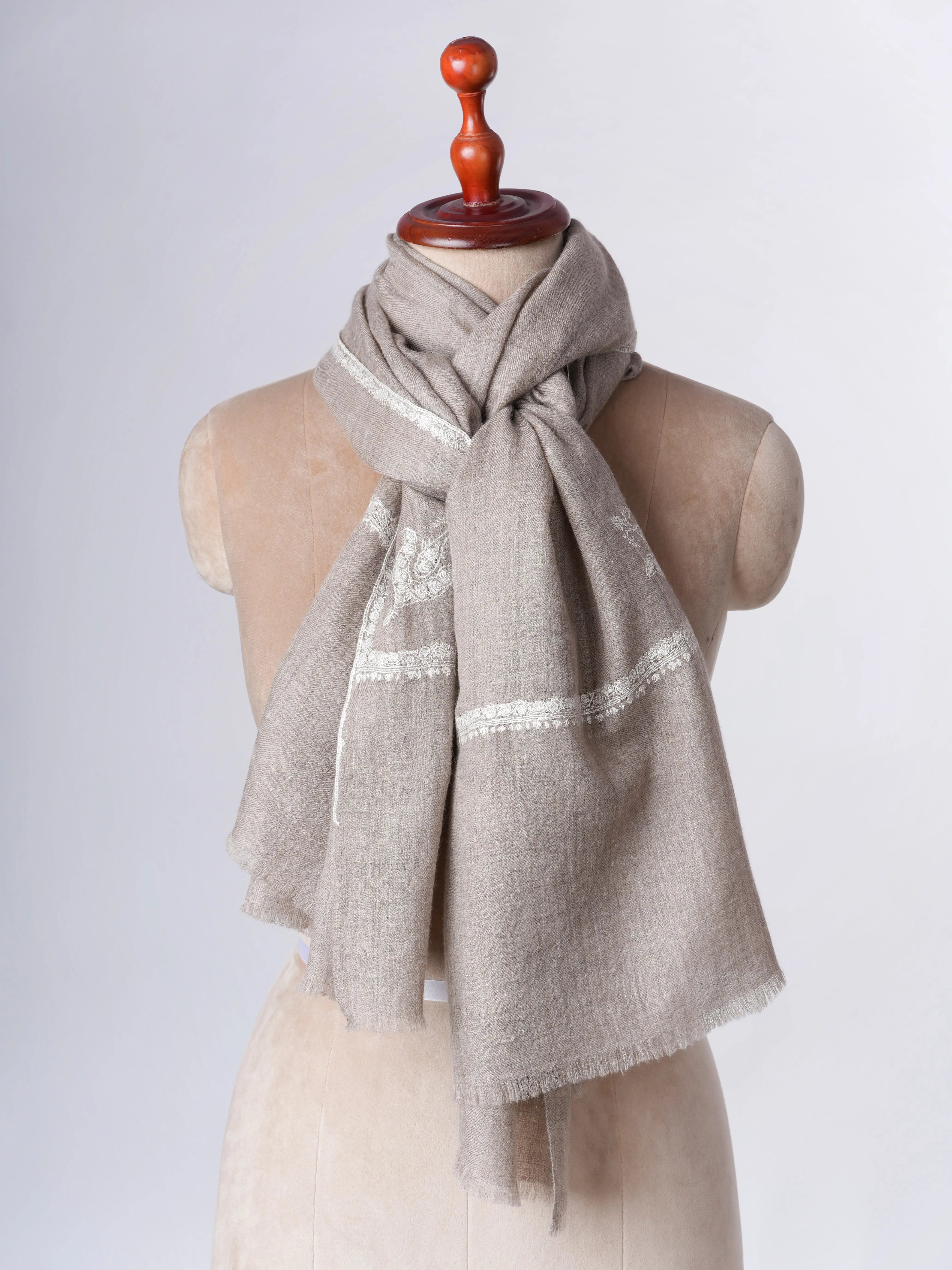 Natural Grey Authentic Cashmere Scarf with White Embroidery – Subtle Luxury Shahkaar