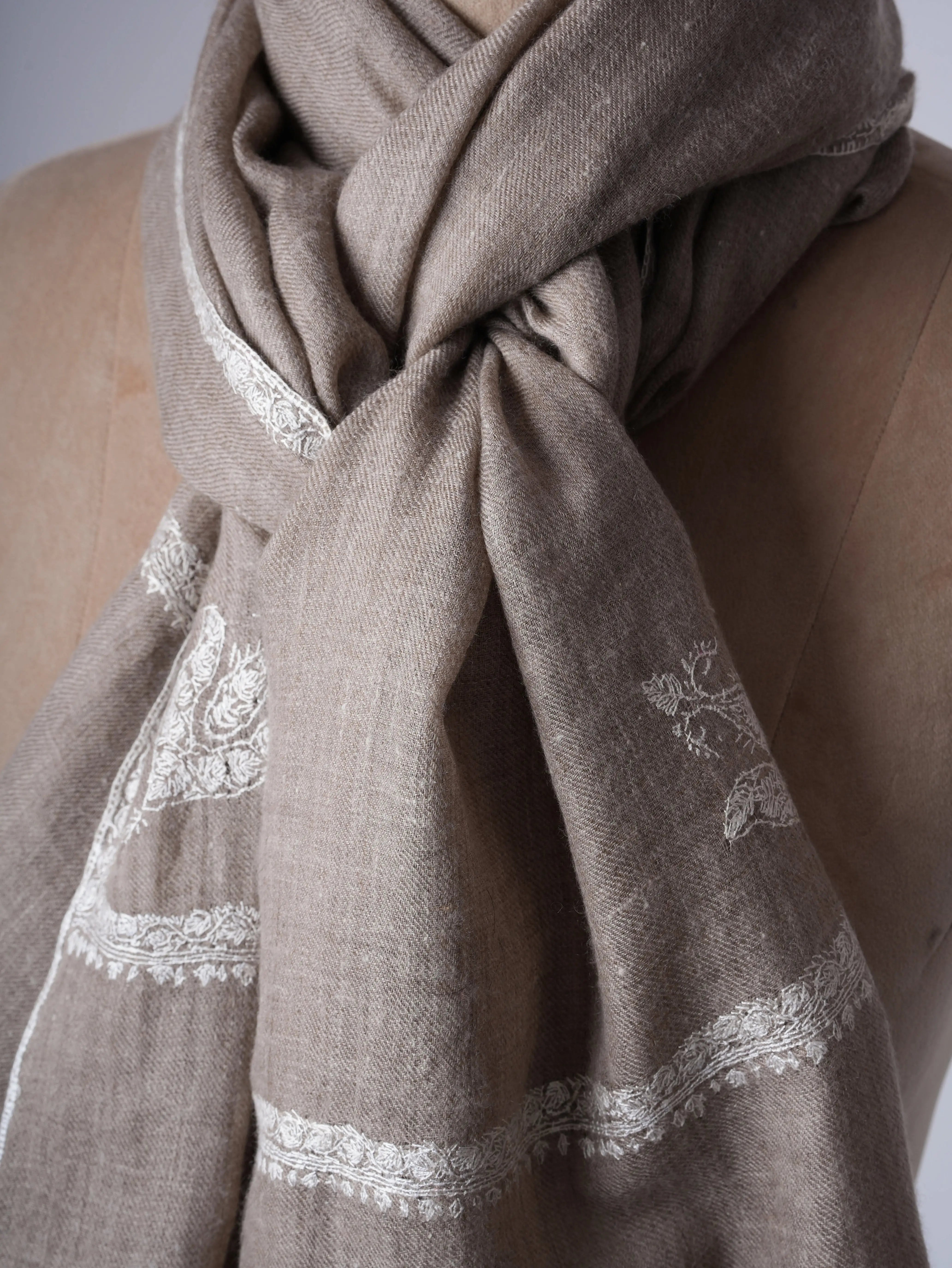 Natural Grey Authentic Cashmere Scarf with White Embroidery – Subtle Luxury Shahkaar