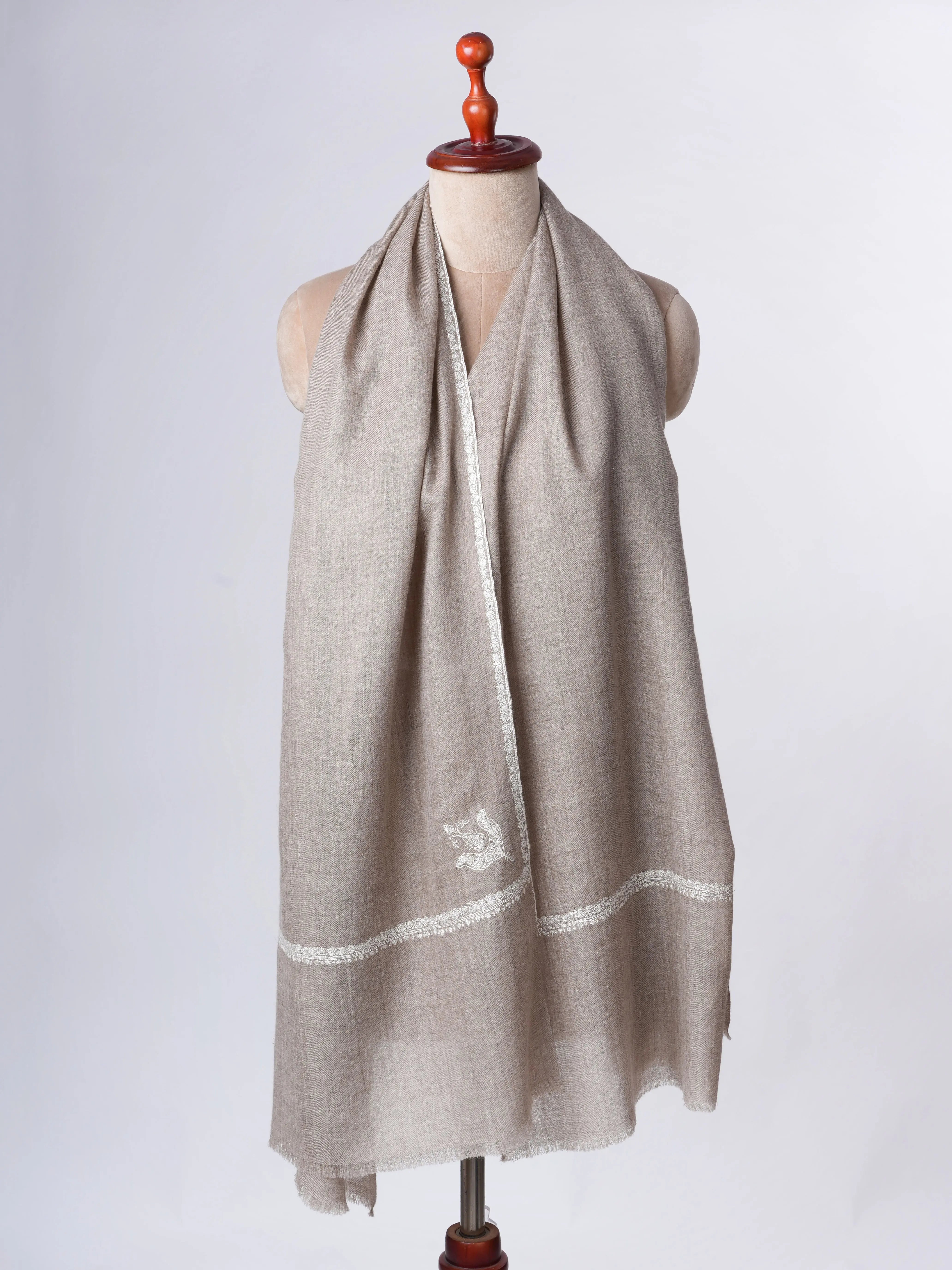 Natural Grey Authentic Cashmere Scarf with White Embroidery – Subtle Luxury Shahkaar