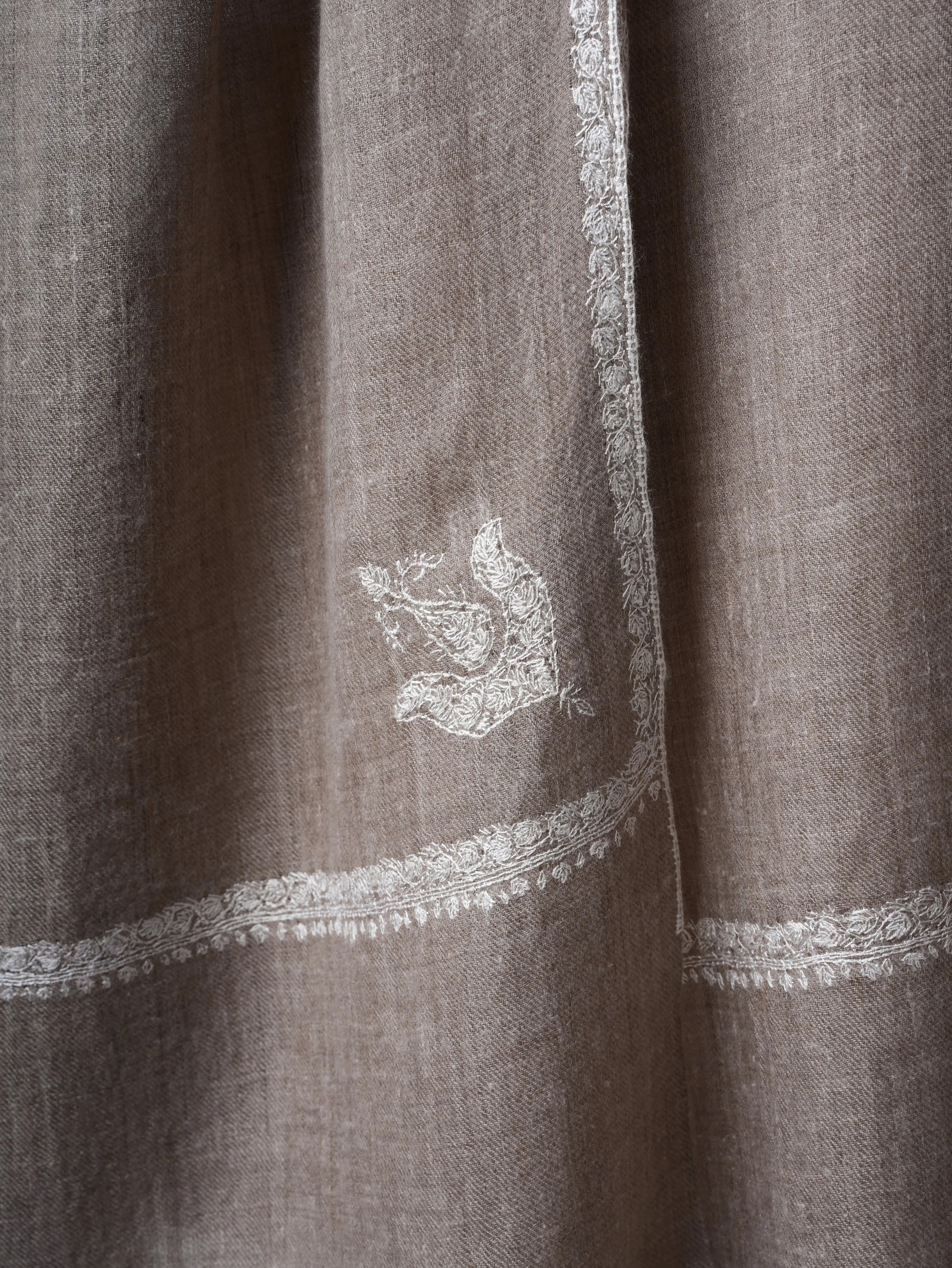Natural Grey Authentic Cashmere Scarf with White Embroidery – Subtle Luxury Shahkaar