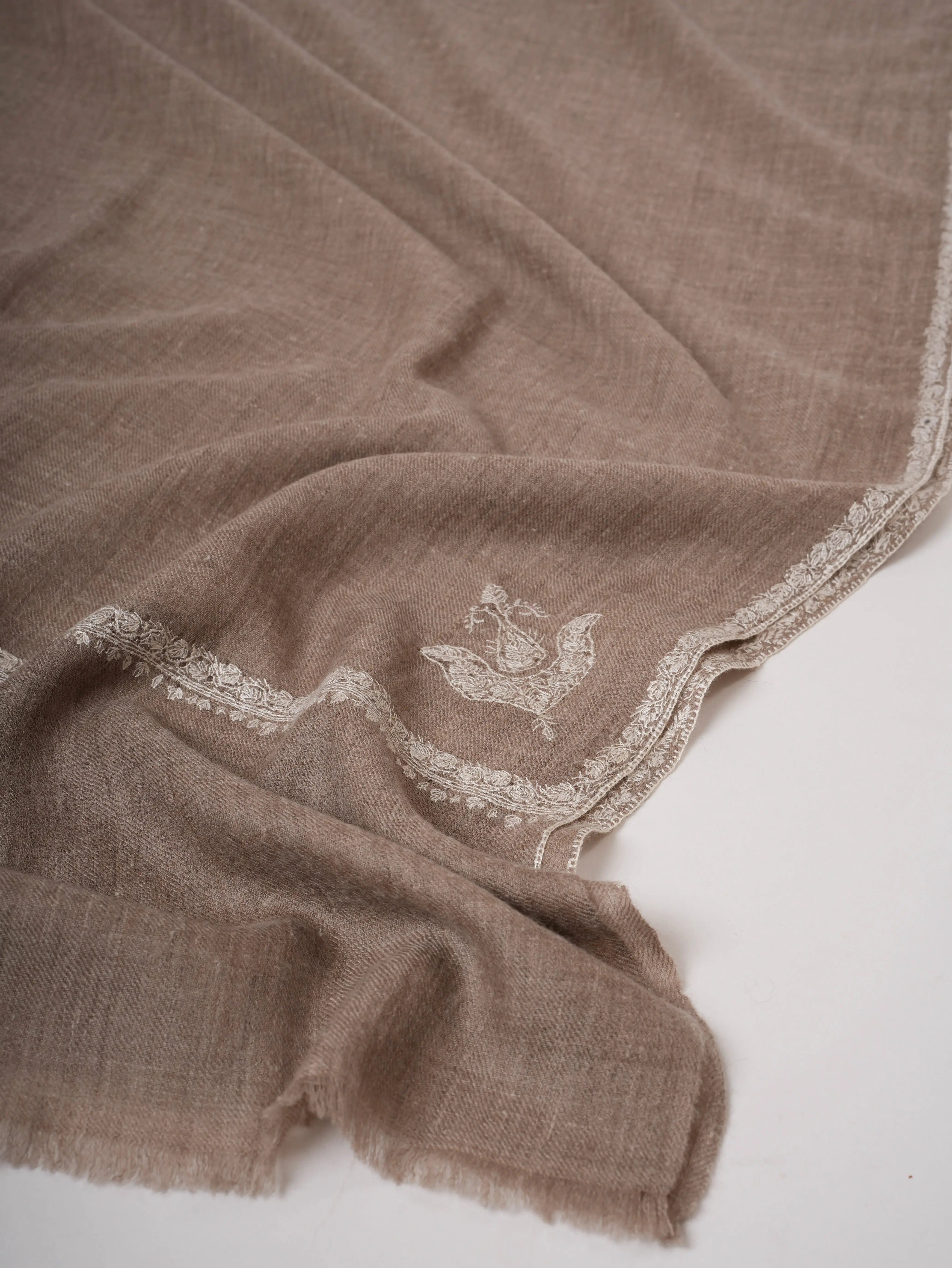 Natural Grey Authentic Cashmere Scarf with White Embroidery – Subtle Luxury Shahkaar