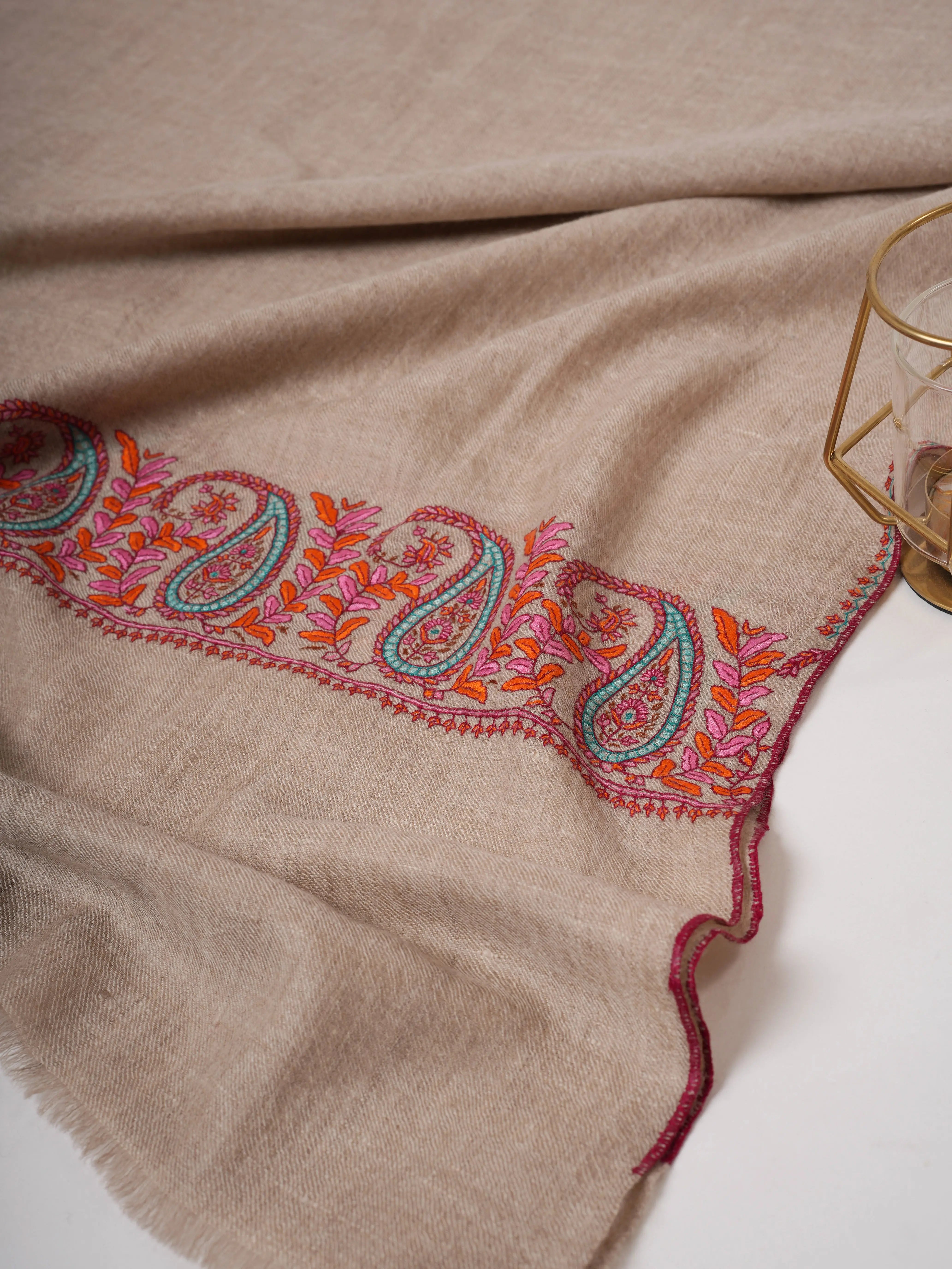 Natural Grey Authentic Pashmina Scarf with Palla Sozni Embroidery Shahkaar