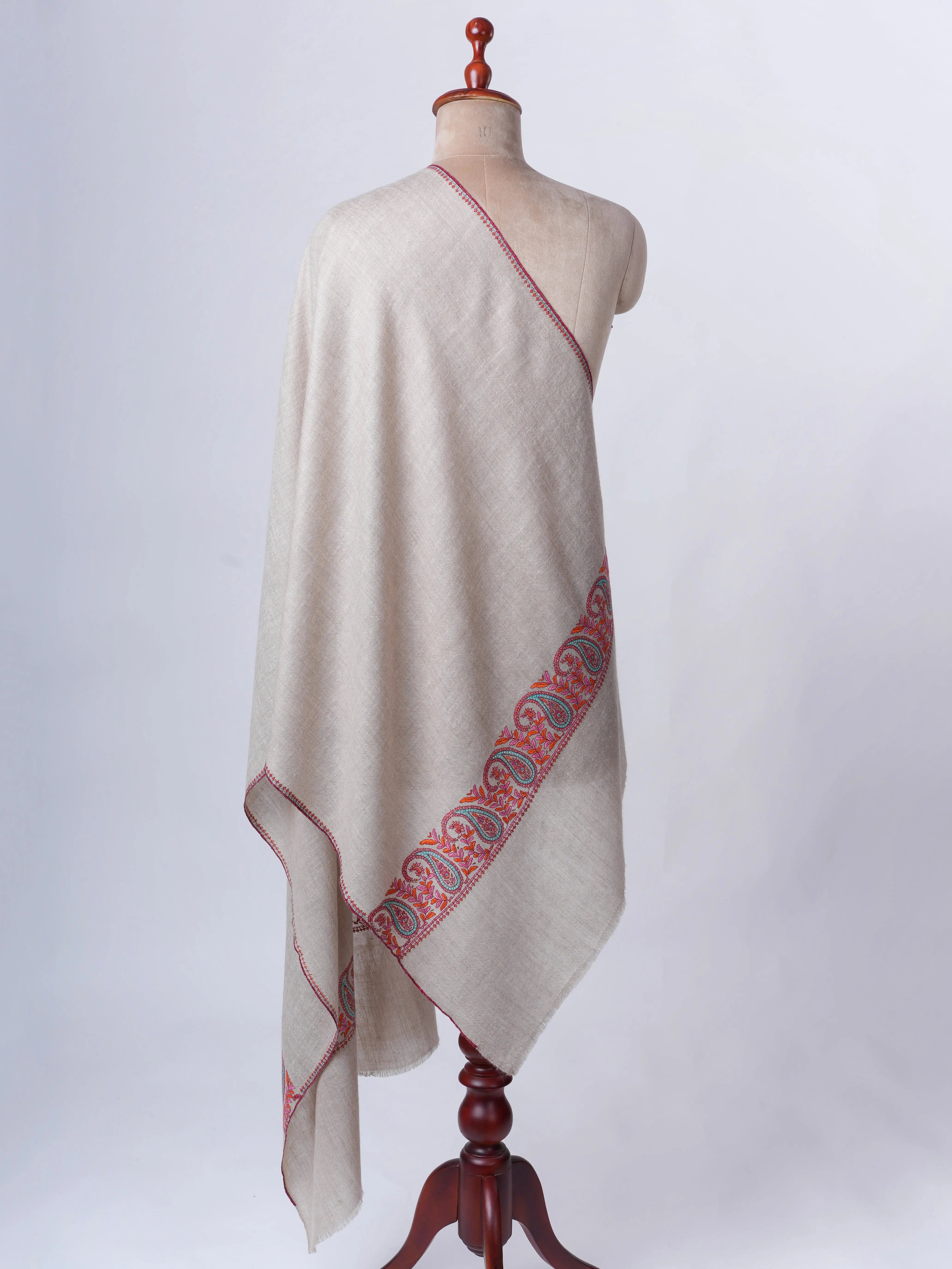 Natural Grey Authentic Pashmina Scarf with Palla Sozni Embroidery Shahkaar