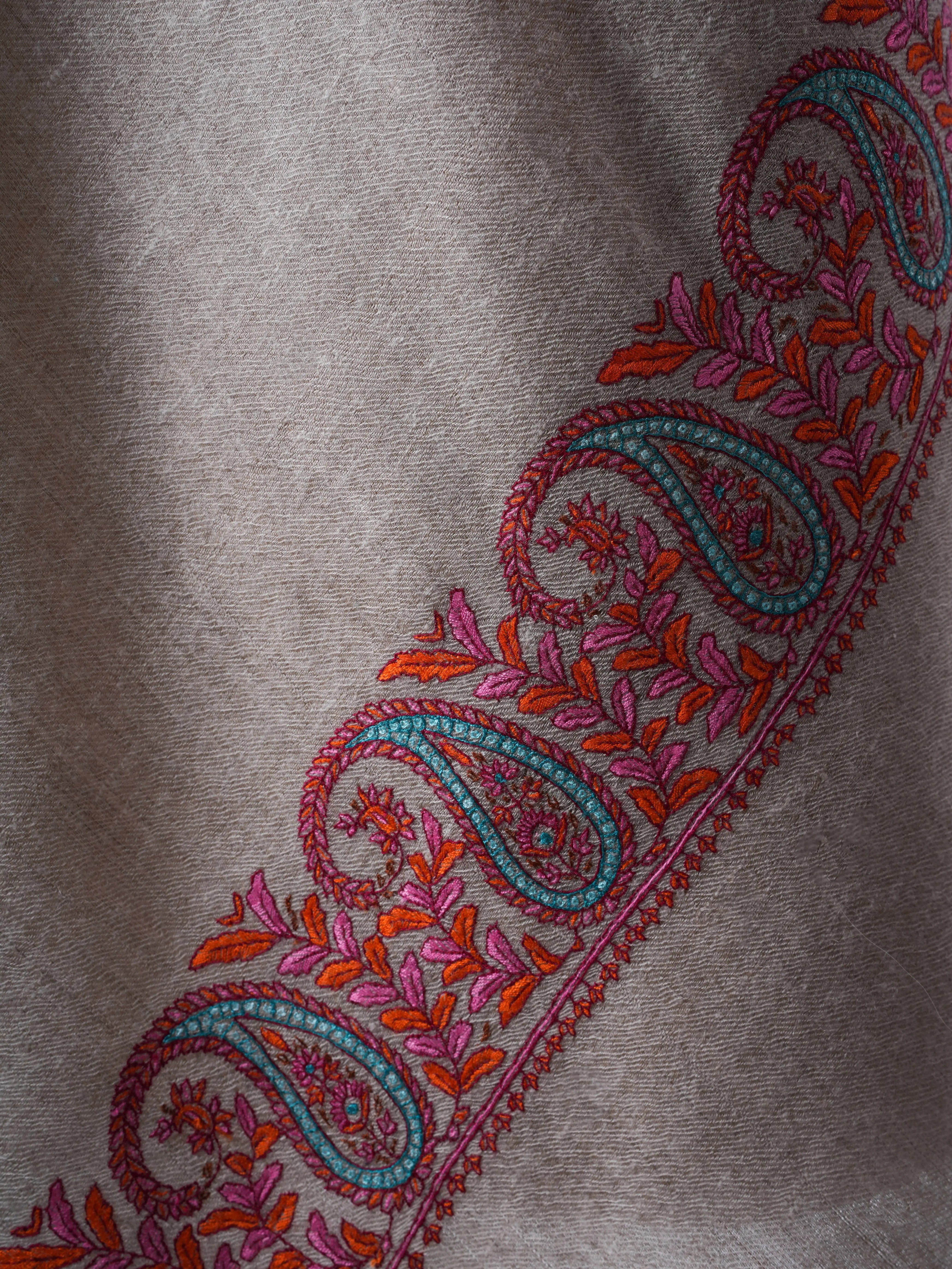 Natural Grey Authentic Pashmina Scarf with Palla Sozni Embroidery Shahkaar
