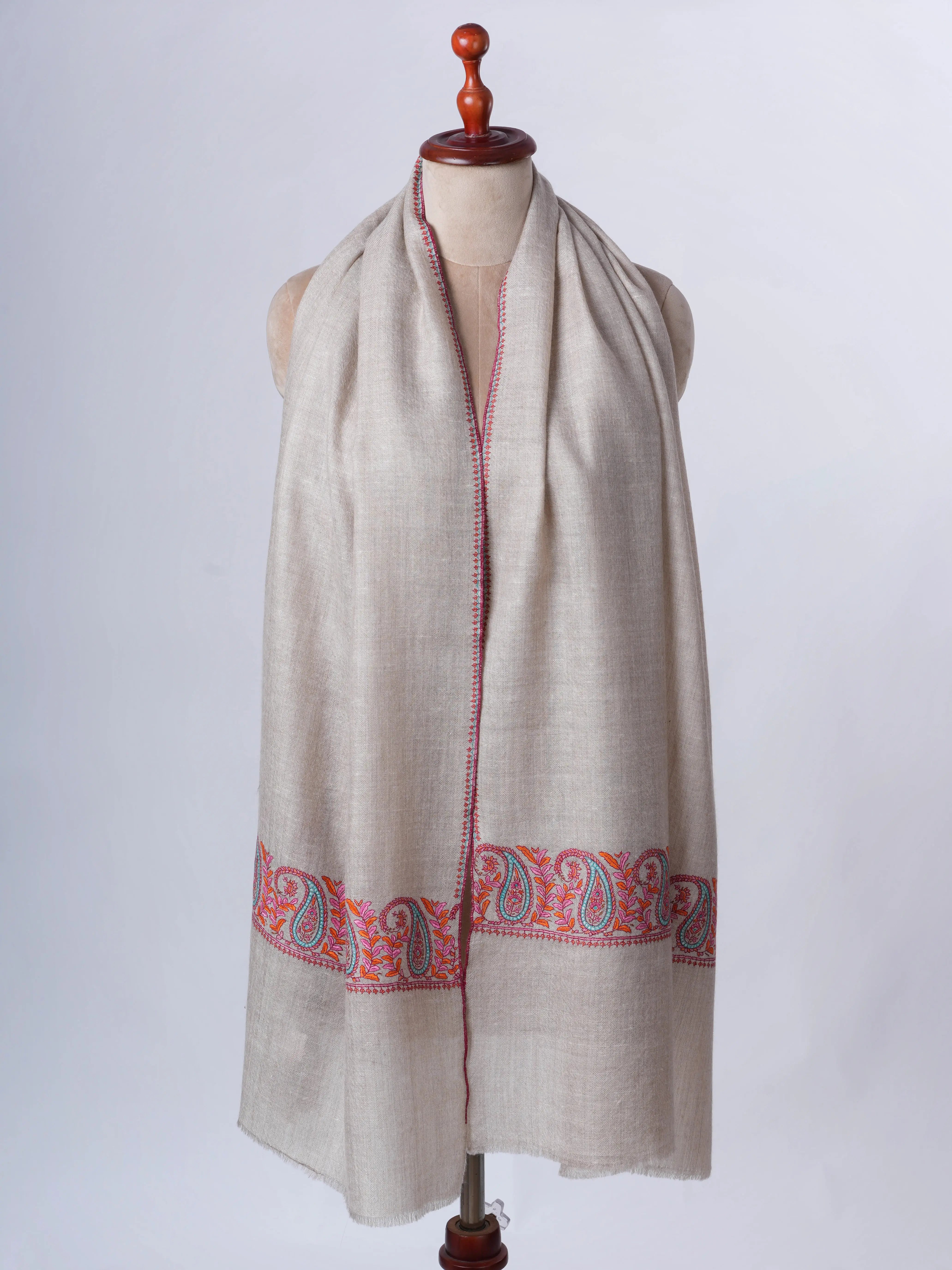 Natural Grey Authentic Pashmina Scarf with Palla Sozni Embroidery Shahkaar
