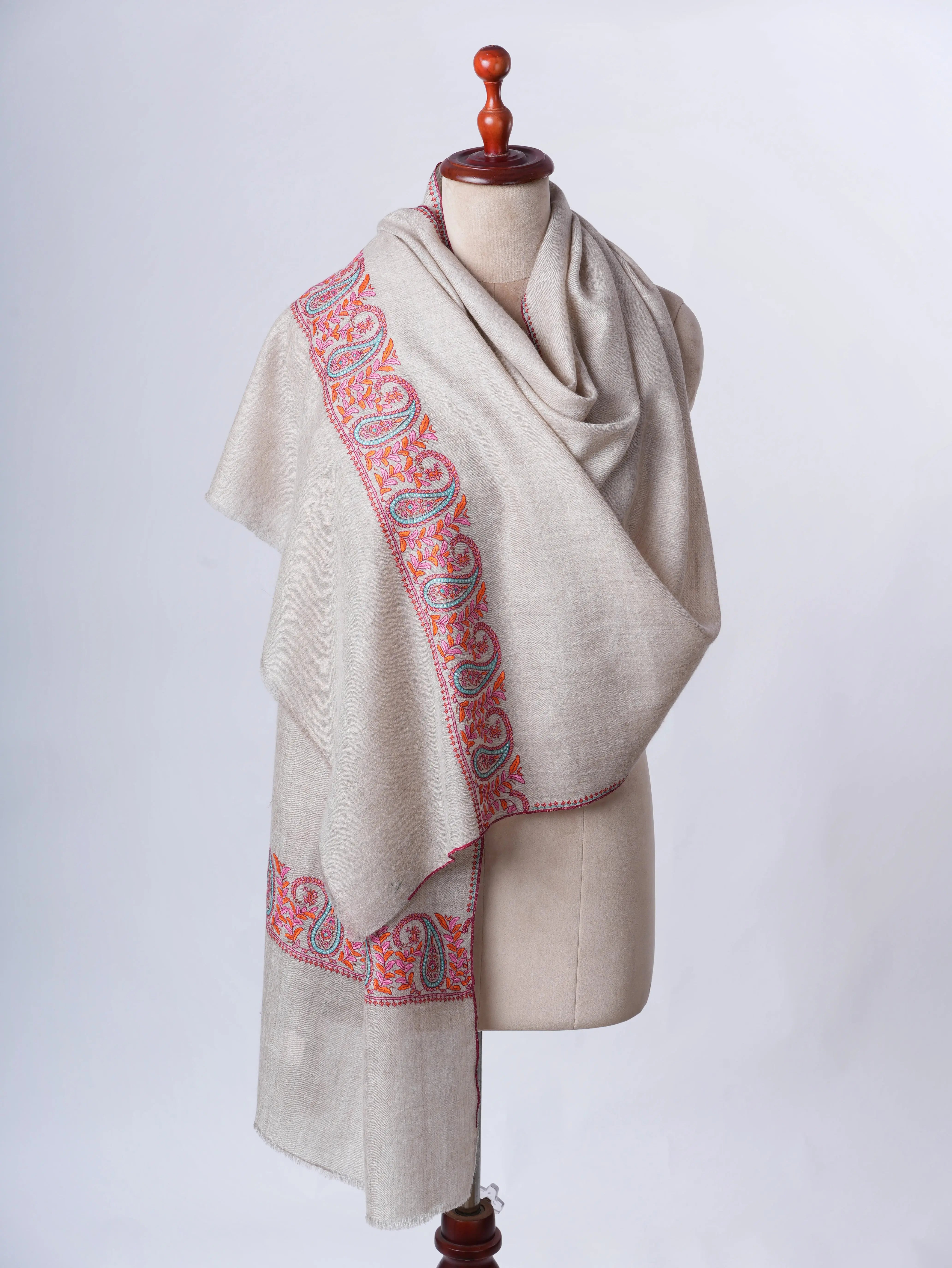 Natural Grey Authentic Pashmina Scarf with Palla Sozni Embroidery Shahkaar