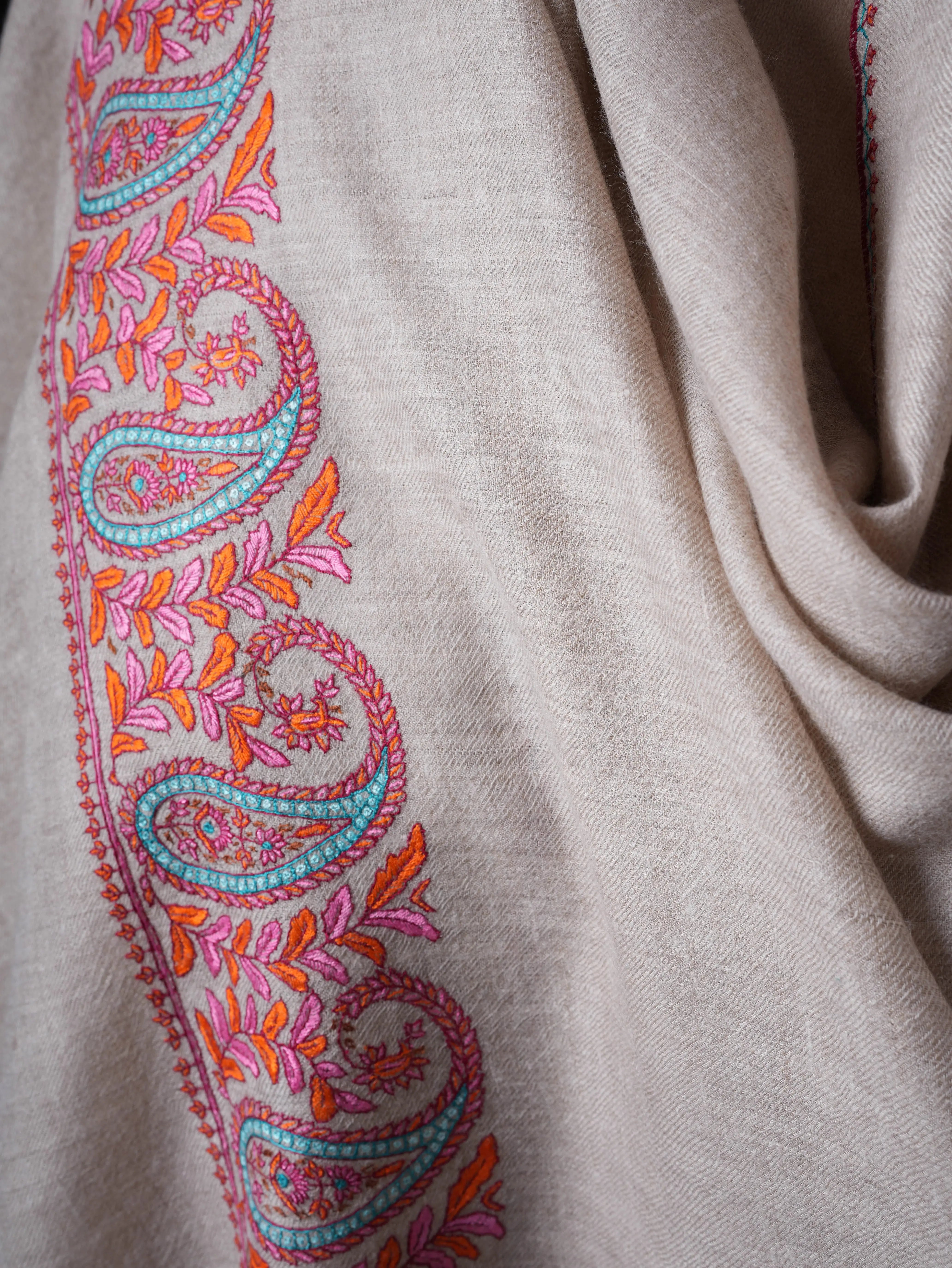 Natural Grey Authentic Pashmina Scarf with Palla Sozni Embroidery Shahkaar