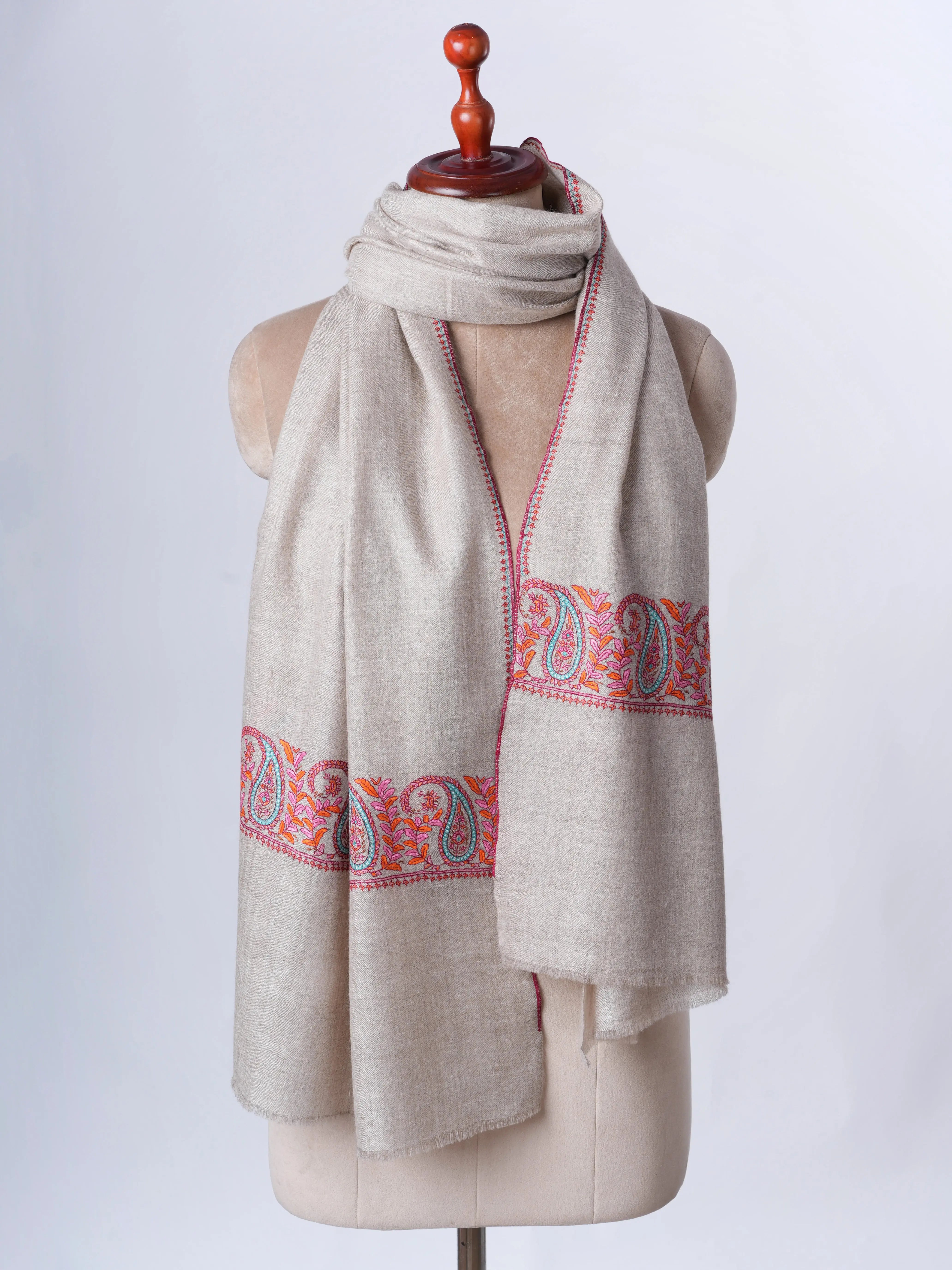 Natural Grey Authentic Pashmina Scarf with Palla Sozni Embroidery Shahkaar