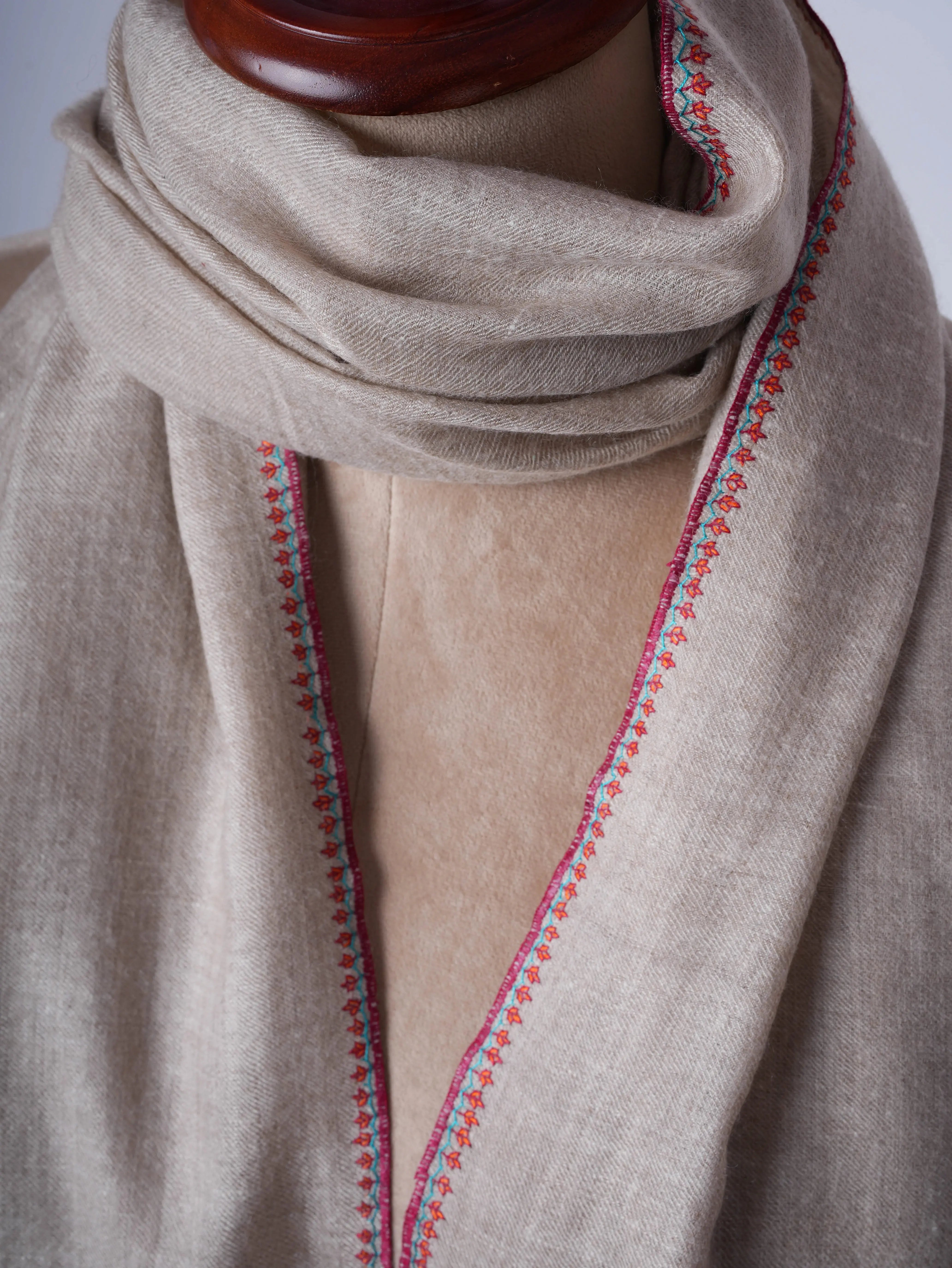 Natural Grey Authentic Pashmina Scarf with Palla Sozni Embroidery Shahkaar