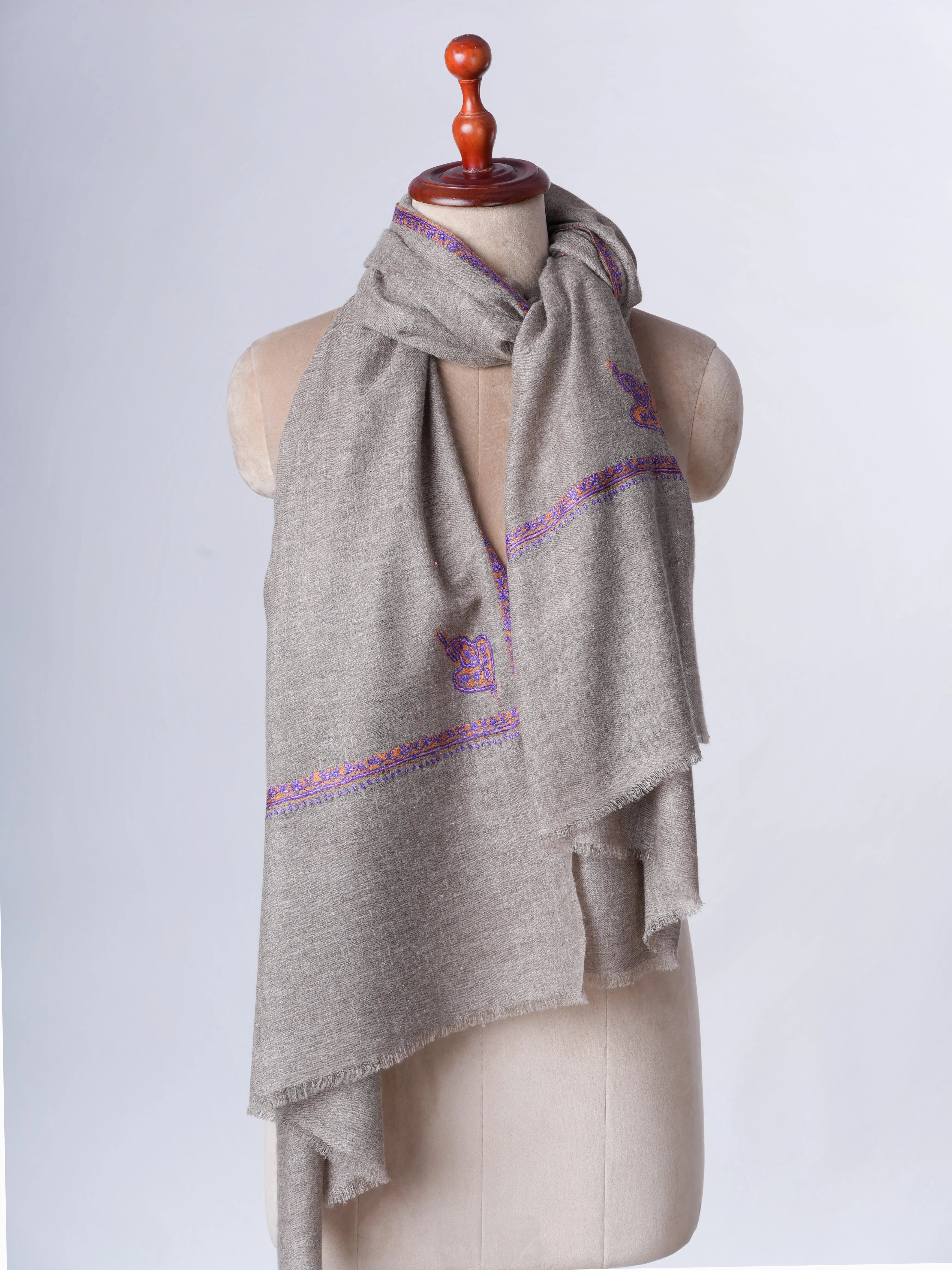 Natural Grey Baby Soft Cashmere Scarf with Bail Needlework Shahkaar