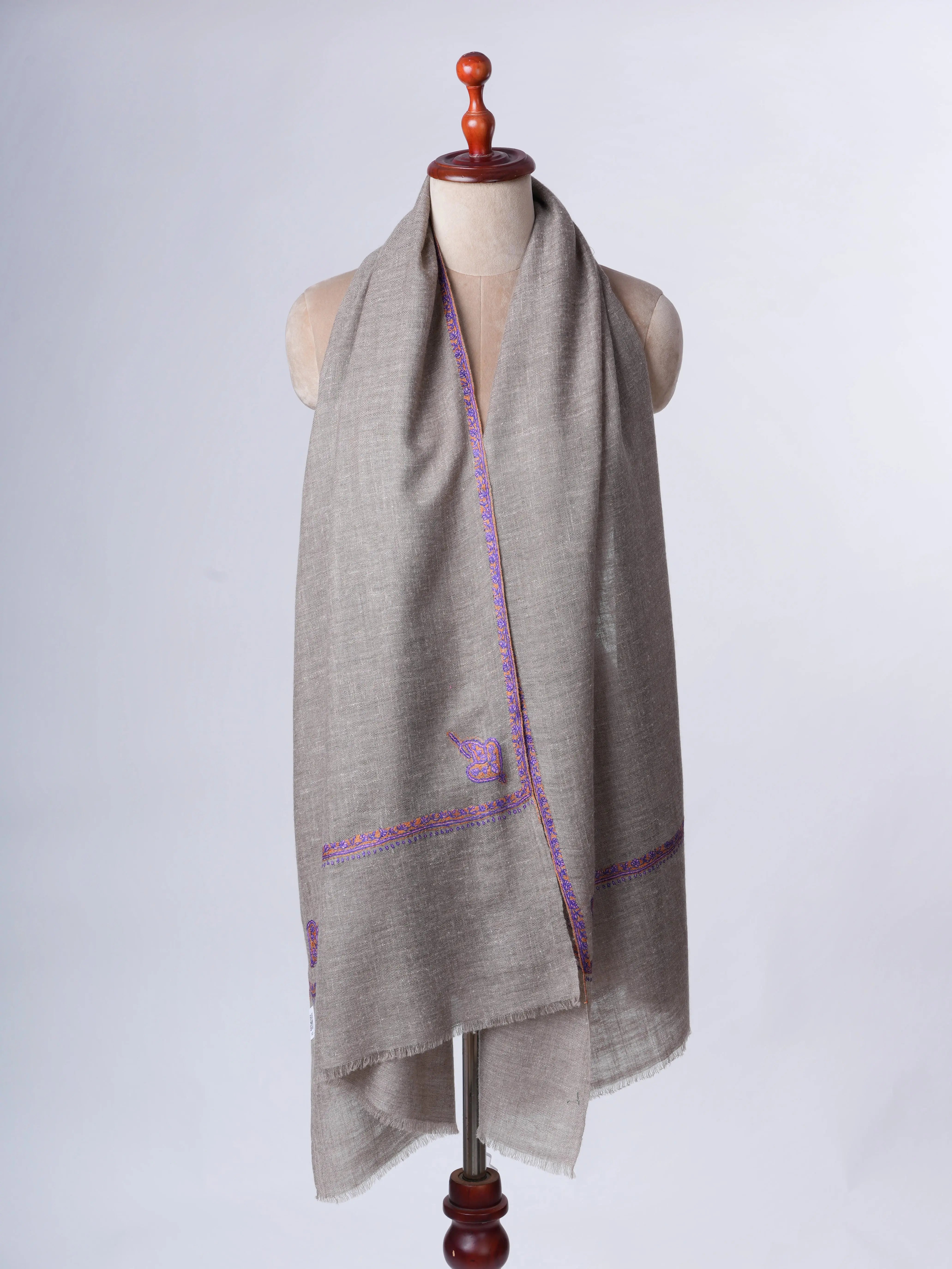 Natural Grey Baby Soft Cashmere Scarf with Bail Needlework Shahkaar