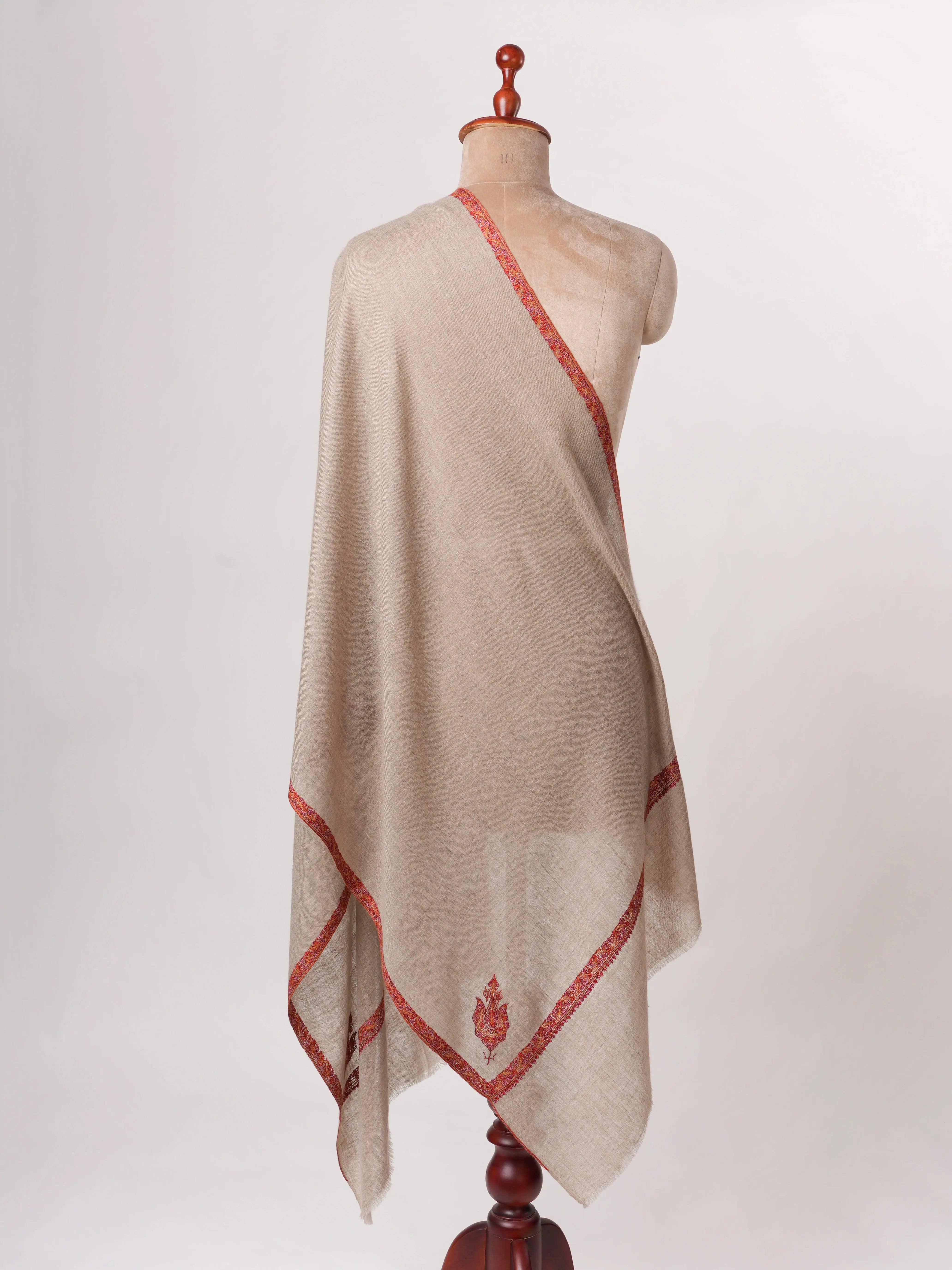 Natural Grey Baby Soft Cashmere Scarf with Classic Hashia Embroidery Shahkaar