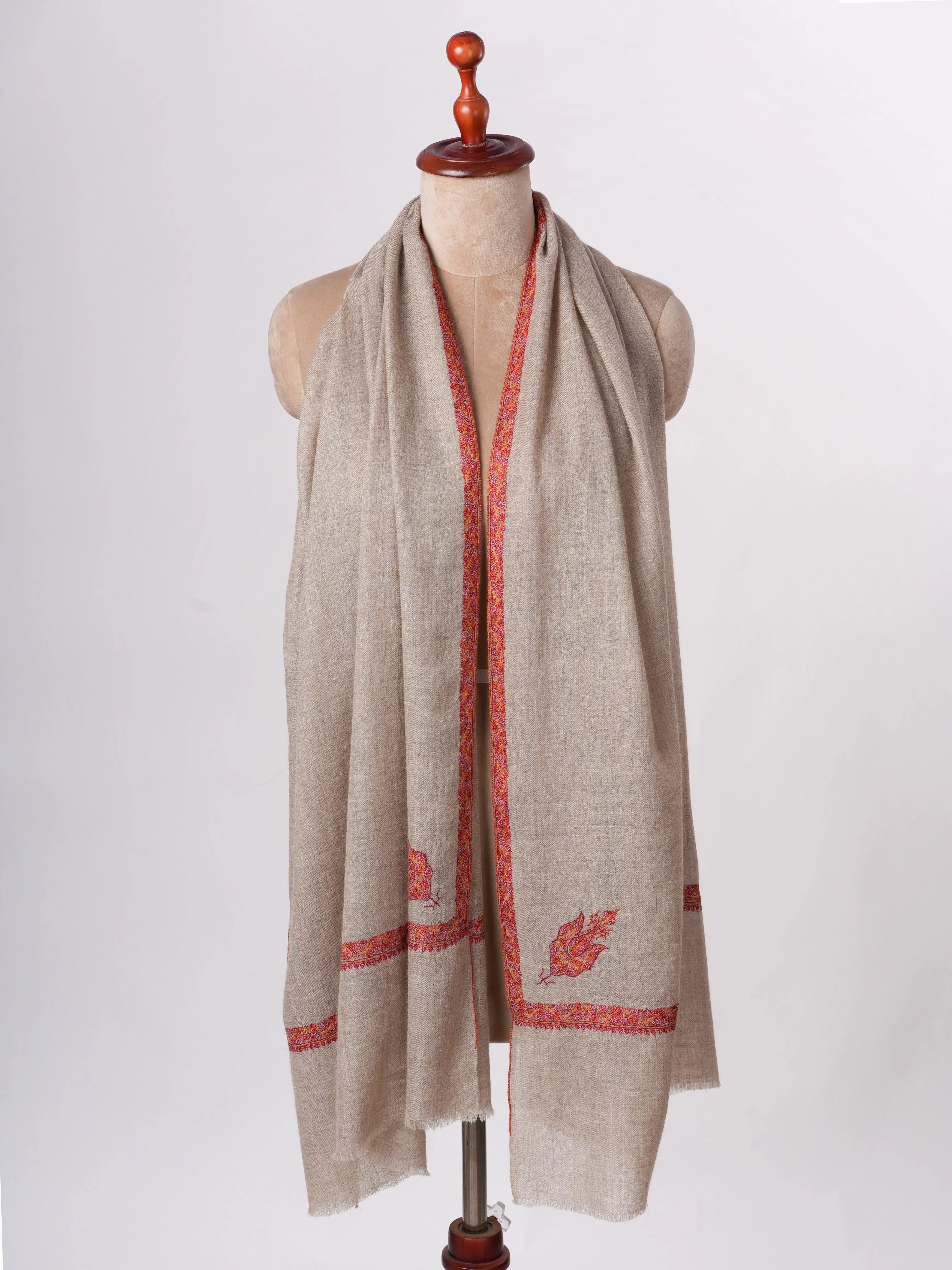 Natural Grey Baby Soft Cashmere Scarf with Classic Hashia Embroidery Shahkaar