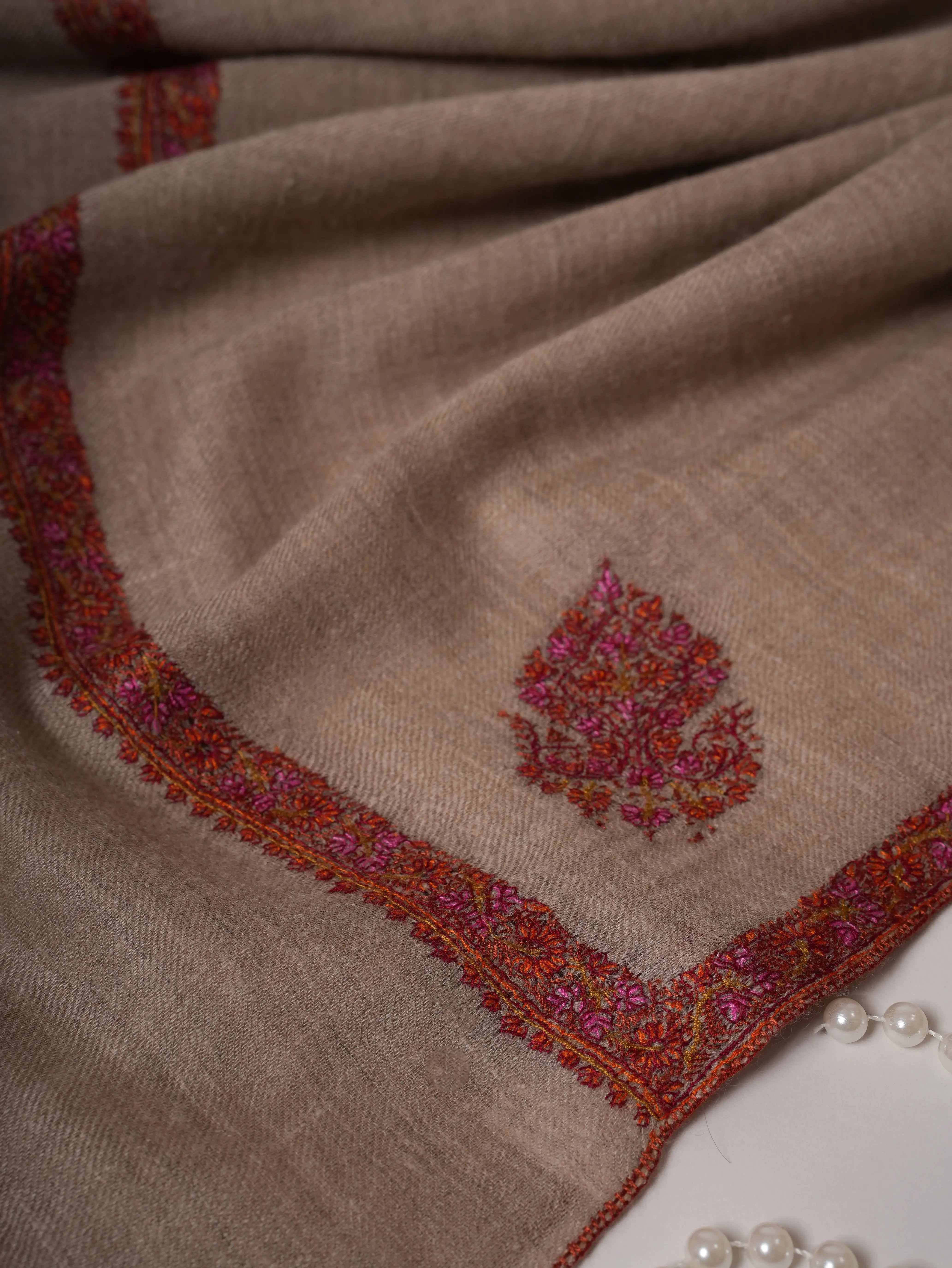 Natural Grey Baby Soft Cashmere Scarf with Classic Hashia & Corner Embroidery Shahkaar
