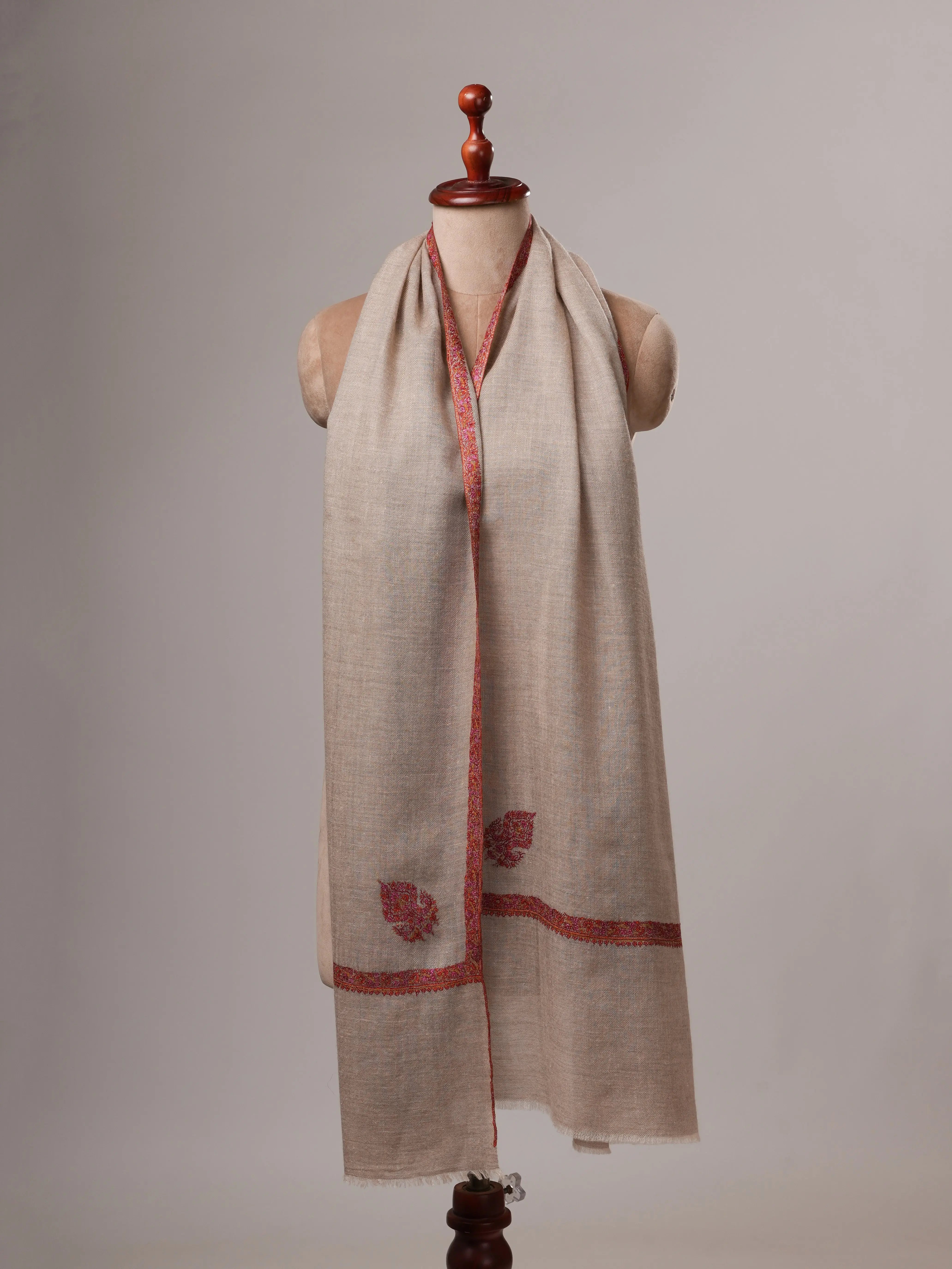 Natural Grey Baby Soft Cashmere Scarf with Classic Hashia & Corner Embroidery Shahkaar