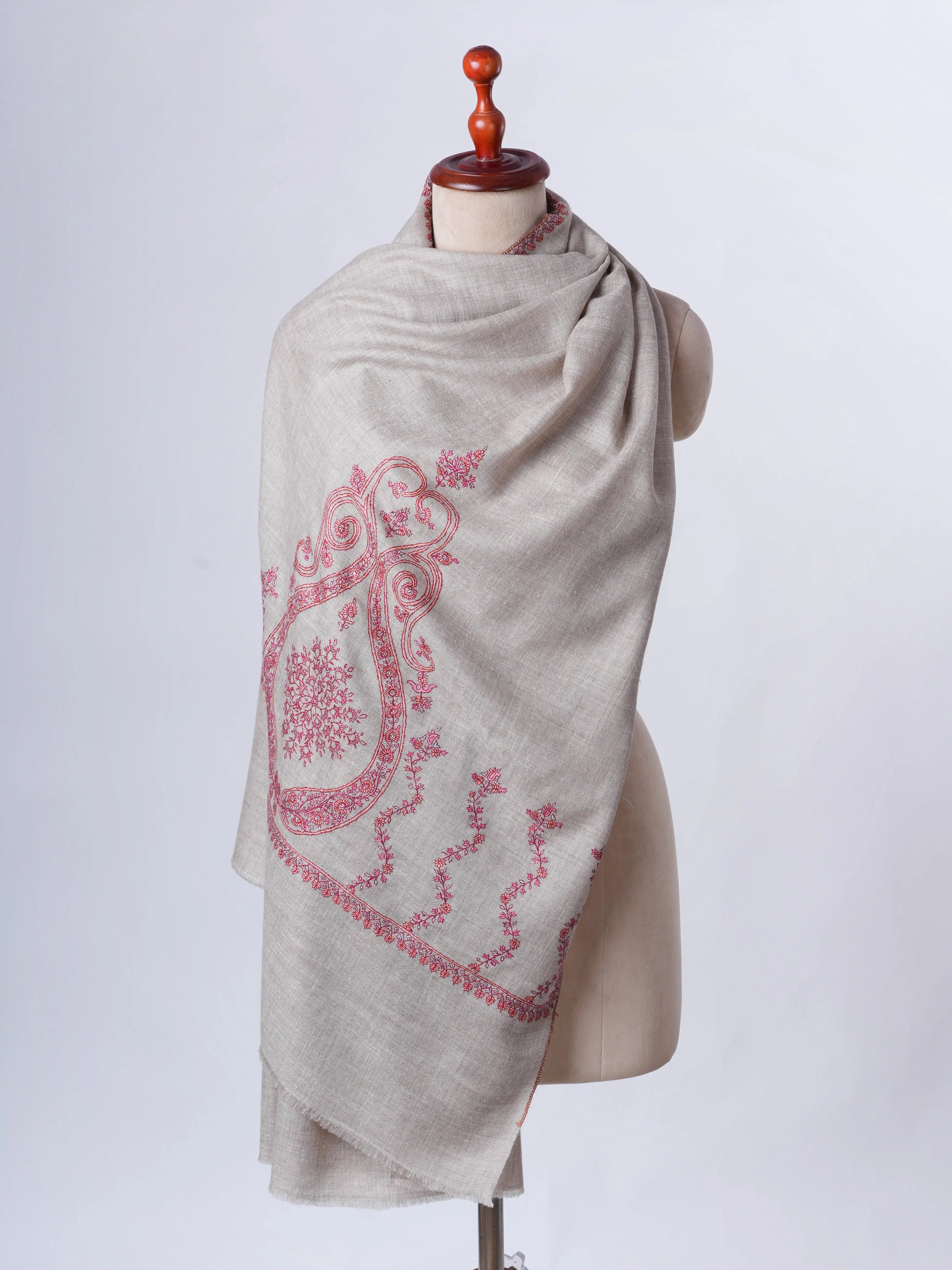 Natural Grey Baby Soft Cashmere Scarf with Fine Needlework Embroidery Shahkaar