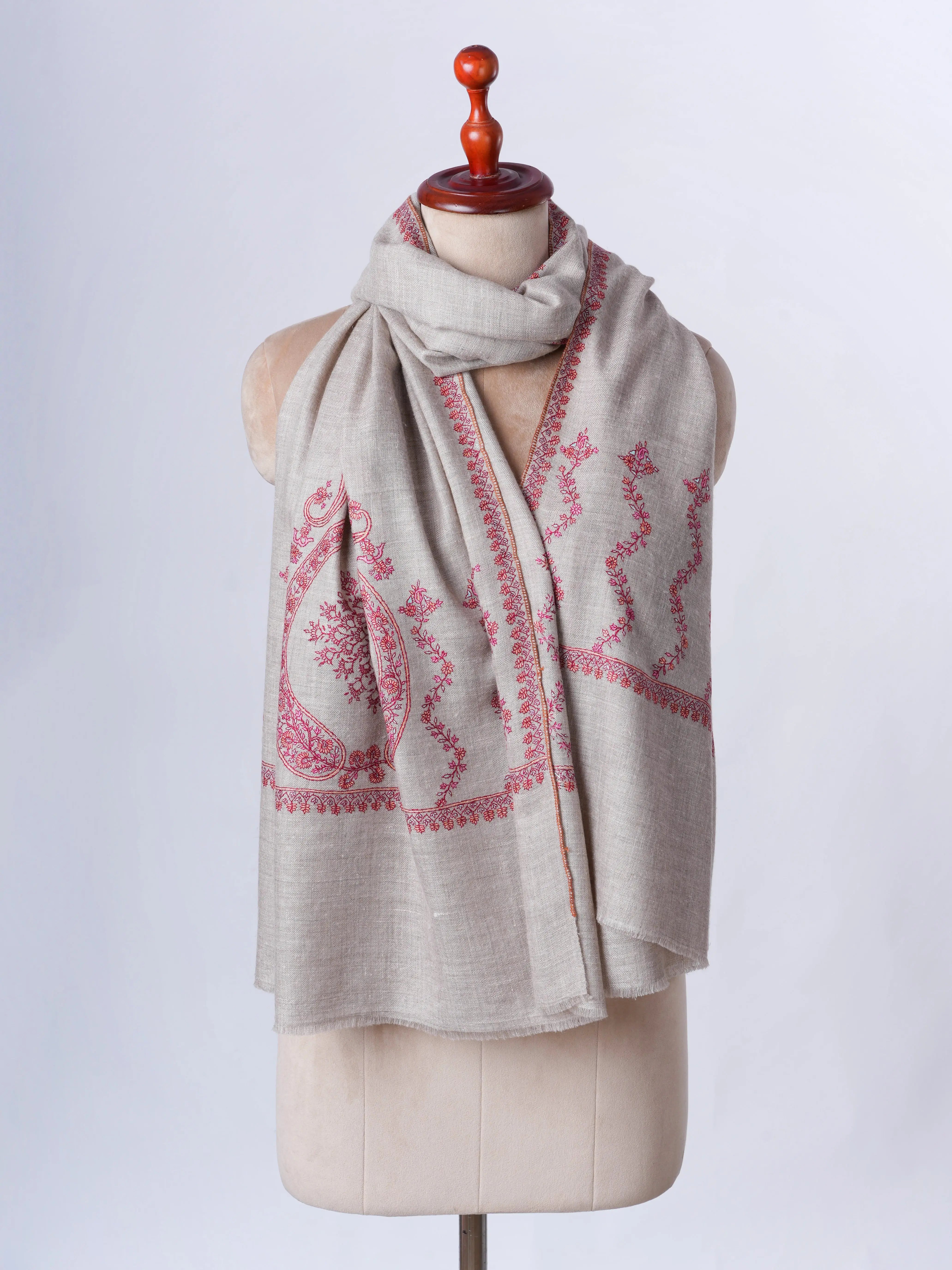 Natural Grey Baby Soft Cashmere Scarf with Fine Needlework Embroidery Shahkaar